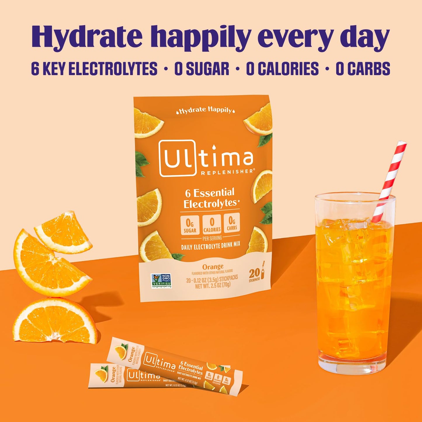 Ultima Replenisher Daily Electrolyte Drink Mix – Orange, 20 Stickpacks – Hydration Packets with 6 Key Electrolytes & Trace Minerals – Keto Friendly, Vegan, Non-GMO & Sugar-Free Electrolyte Powder