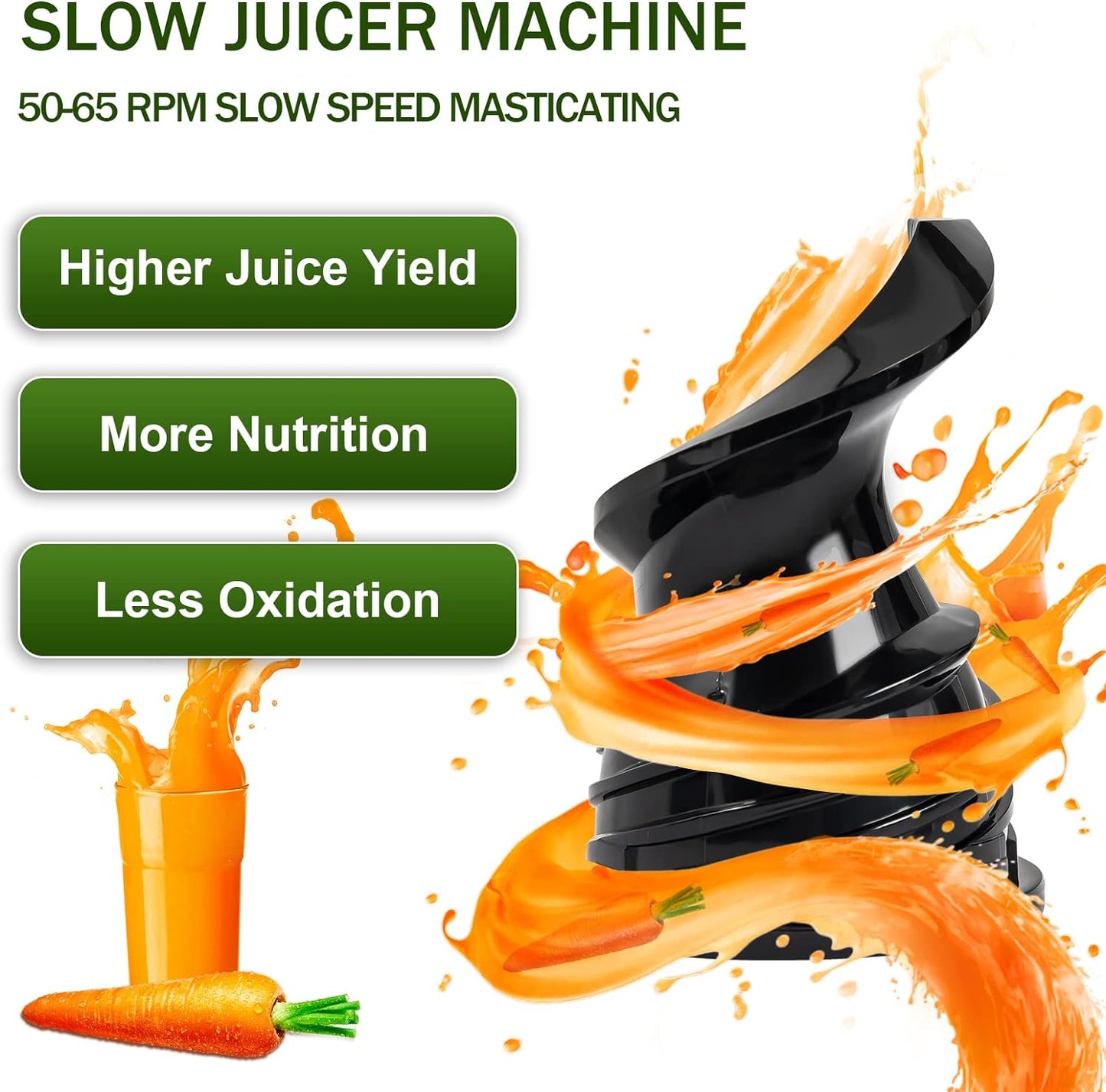 Masticating Juicer Machine for Whole Fruits and Vegetables, Cold Press Slow Juicer with Wide Mouth 80mm Feeding Chute, Reverse Function Quiet Motor Fresh Healthy Juice Extractor (Dark)
