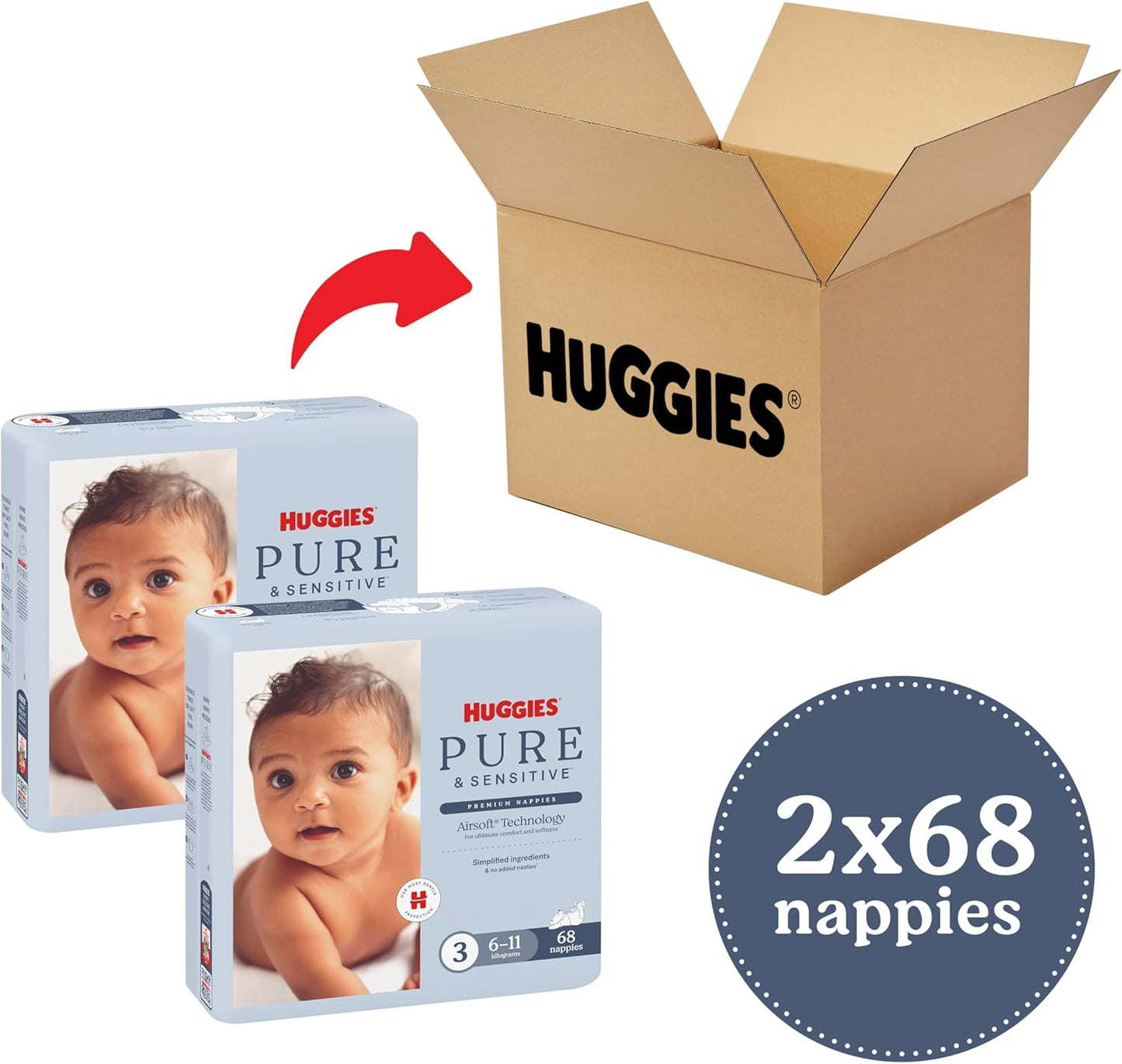 Huggies Pure & Sensitive Nappies Size 3 (6-11 kg) 136 Count