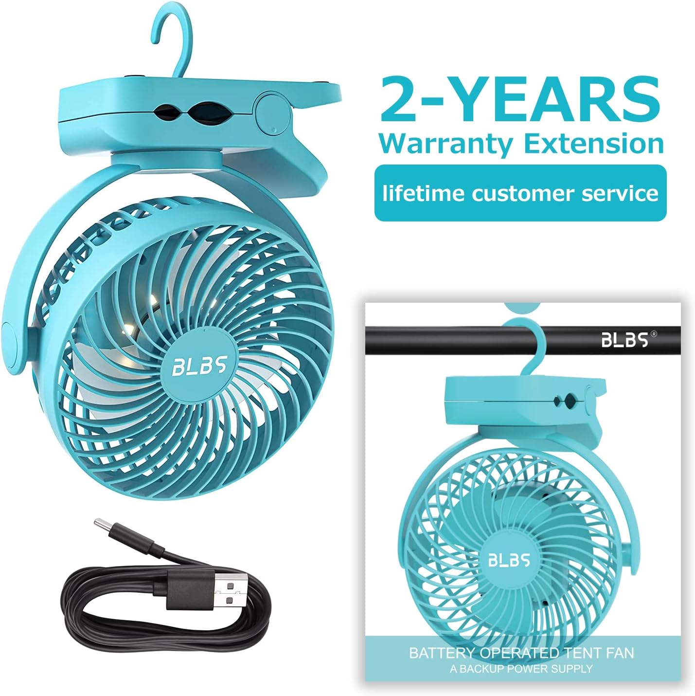 Camping Fan with LED Light - 12000mAh 65Hrs Battery Powered, Portable Rechargeable, Use As Power Bank, Clip On, Tent Fan for Camping, Camp Fan for Tent, Ceiling Fan for Tent RV Bed, Blue