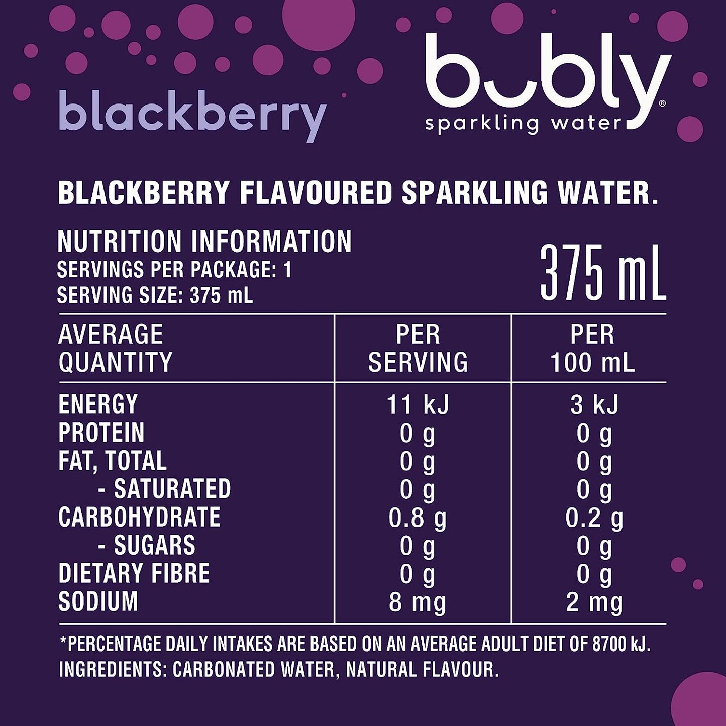 Bubly Blackberry Flavoured Sparkling Water Can 375 ml 8 Pack