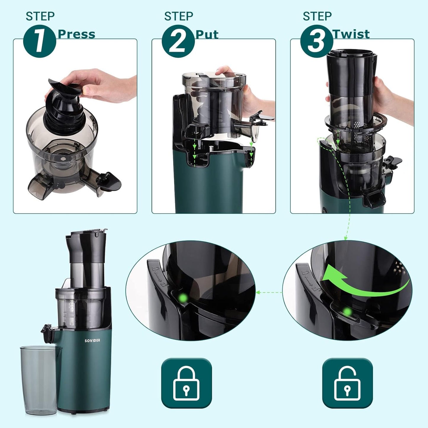 Electric Juicer Fruits Cold Press Squeezer Vegetable Processor Slow Masticating Juicer Machines 200W for Vegetables Celery Wheatgrass Watermelon Carrot Big Wide Chute 800ml Cup BPA-Free Easy to Clean