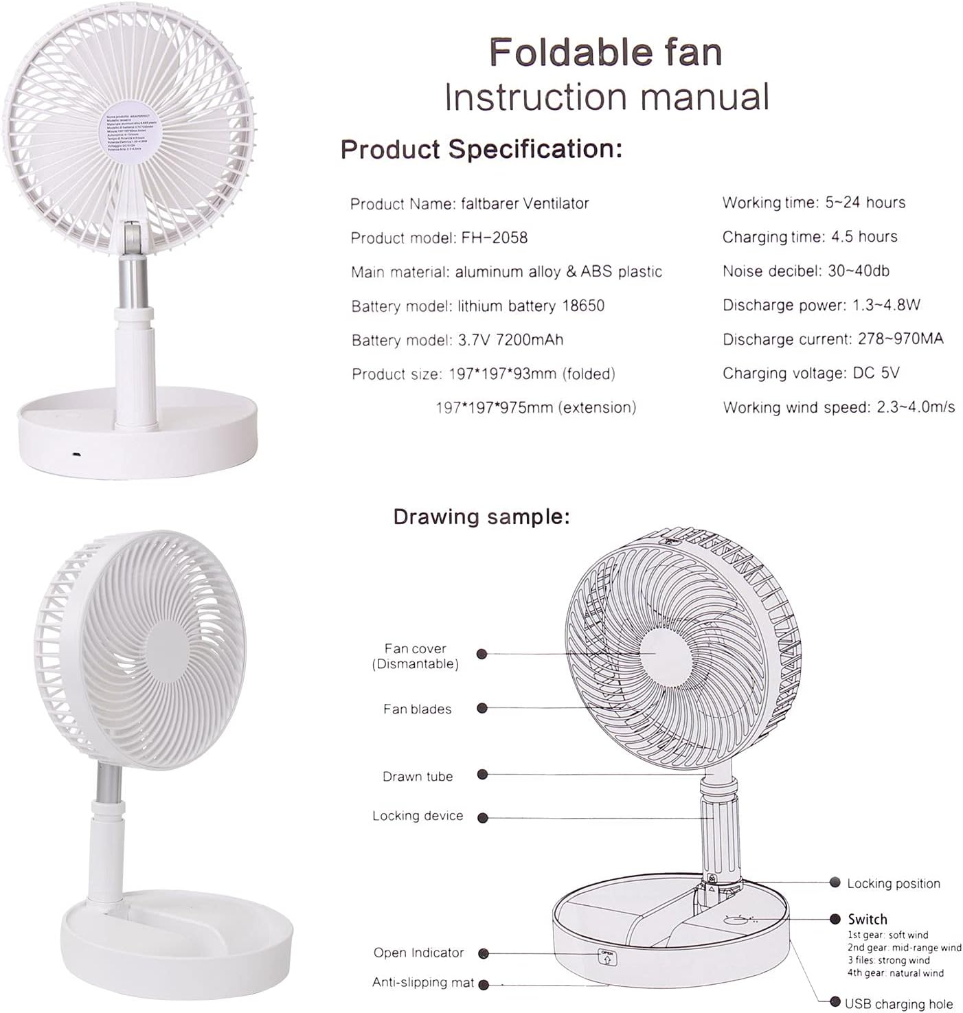 Portable Desk Fan,Foldable Fan Pedestal Stand Floor Fan Adjustable Height from 14.2 inch to 39inch, 4 Speeds & Time Settings, 7200mAh Rechargeable Battery Telescopic Oscillate USB Charging (WHITE)