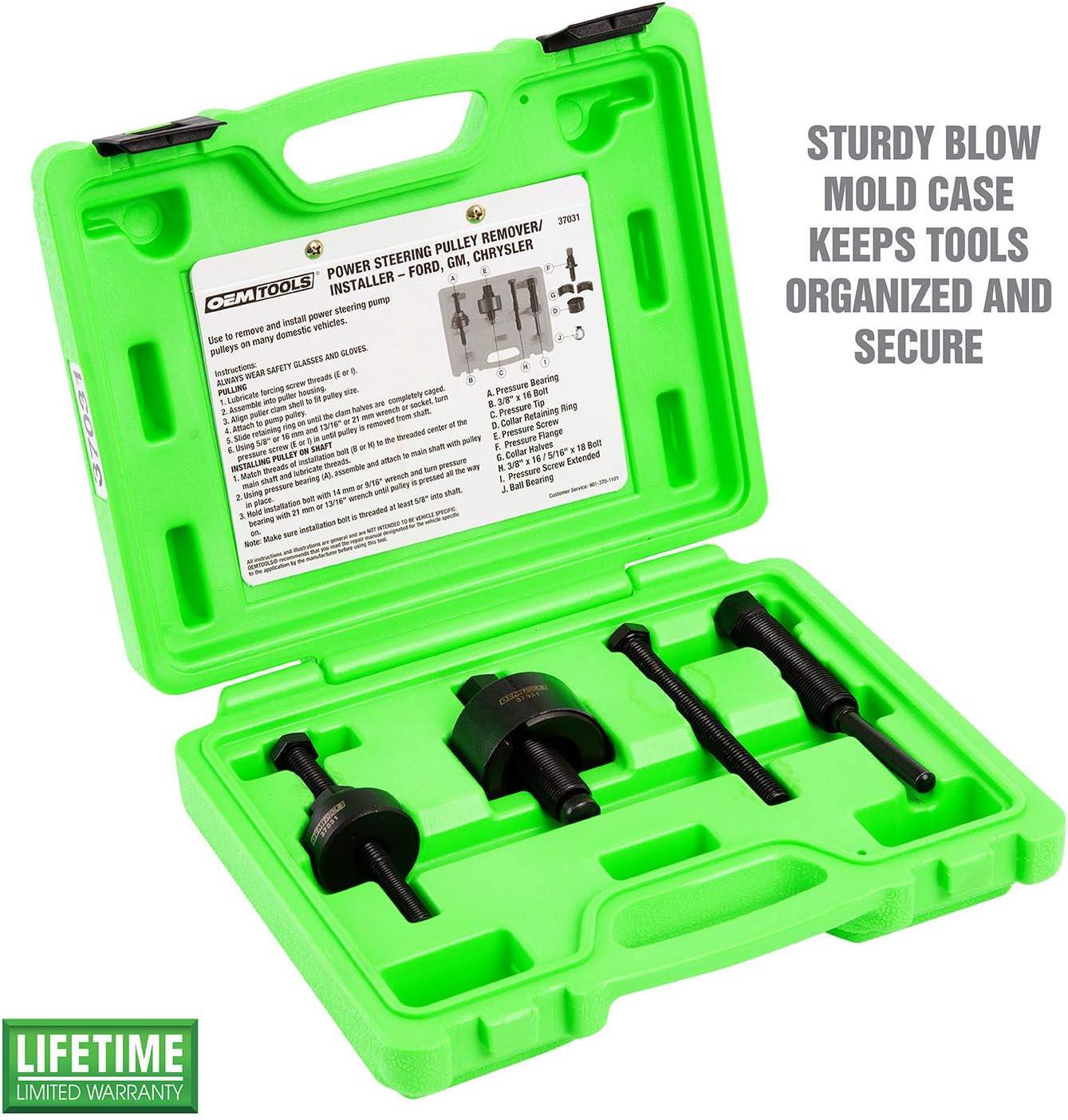 Puller and Installer Kit, Removes and Installs Power Steering Pump Pulleys on Most Domestic Vehicles, Ford, GM, VW , green