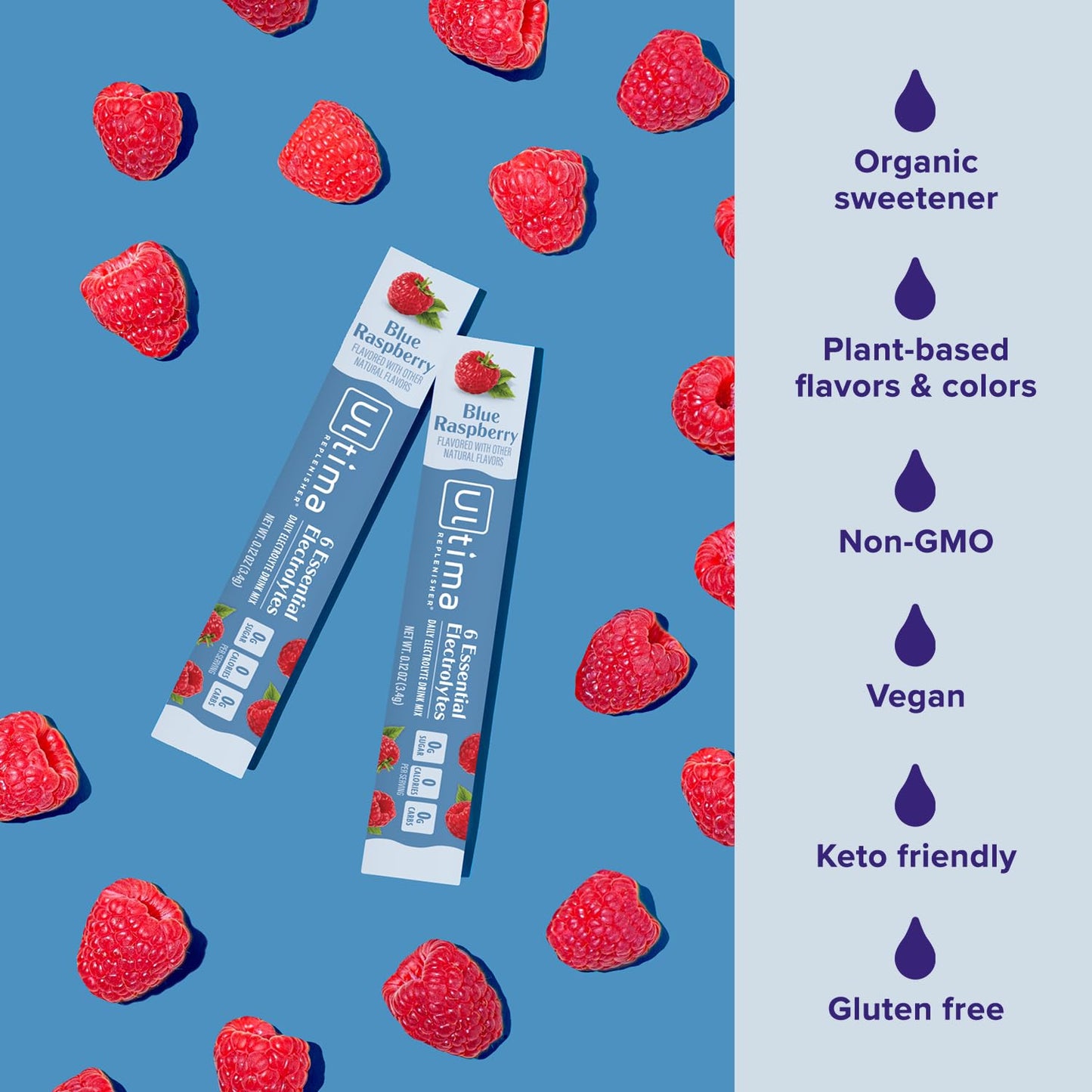 Ultima Replenisher Daily Electrolyte Drink Mix – Blue Raspberry, 20 Stickpacks – Hydration Packets with 6 Electrolytes & Trace Minerals – Keto Friendly, Vegan, Non-GMO & Sugar-Free Electrolyte Powder