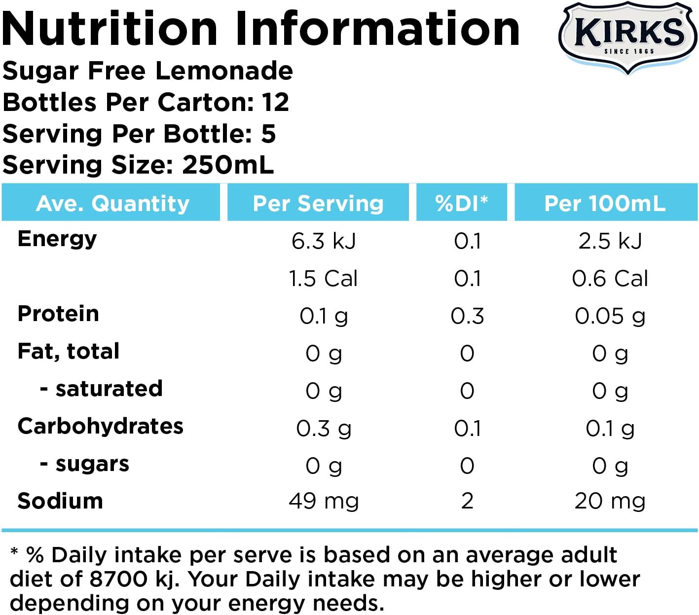 Kirks Sugar Free Lemonade Soft Drink Multipack Bottles 12 x 1.25L