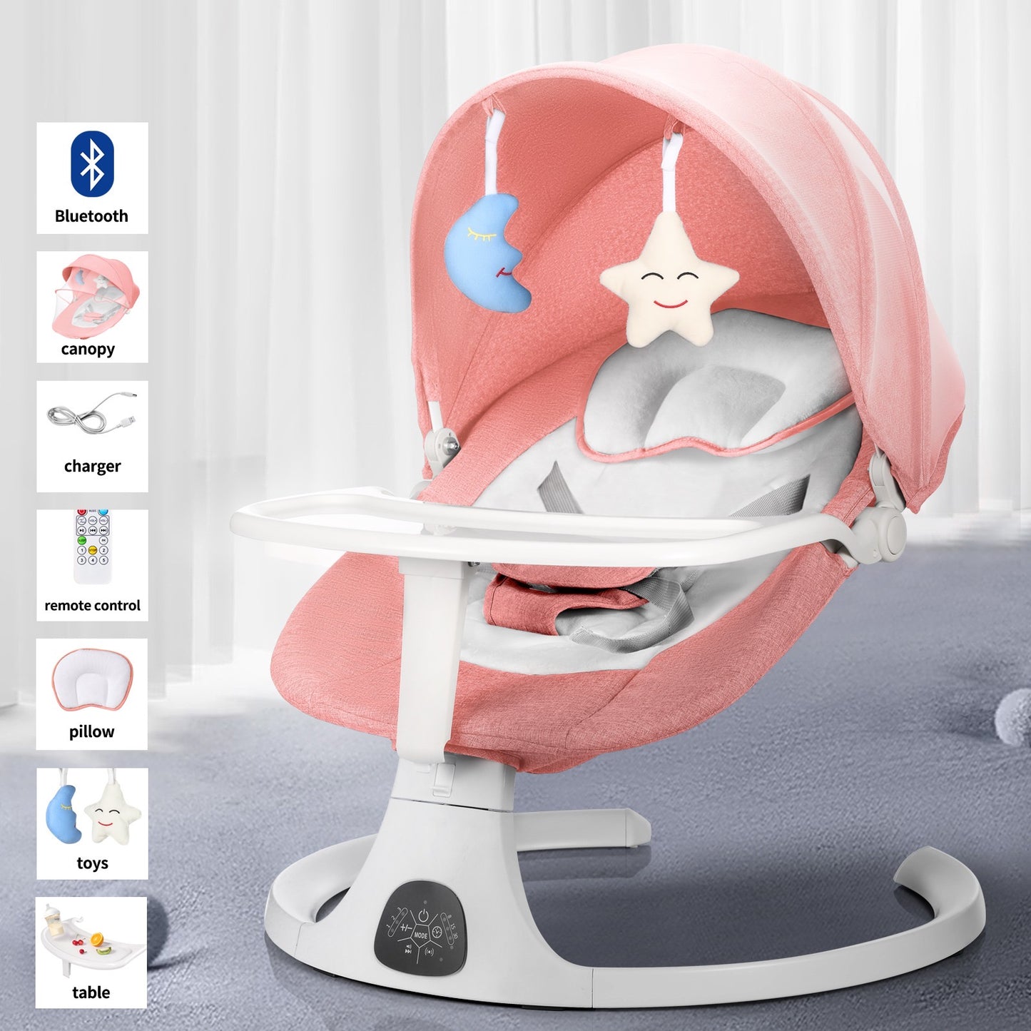 Baby Swing for Infants, 5 Speed Electric Bluetooth Baby Rocker for Newborn, 3 Timer Settings & 10 Pre-Set Lullabies, Portable Baby Swing with Tray and Remote Control for 5-26 lbs, 0-12 Months,Pink