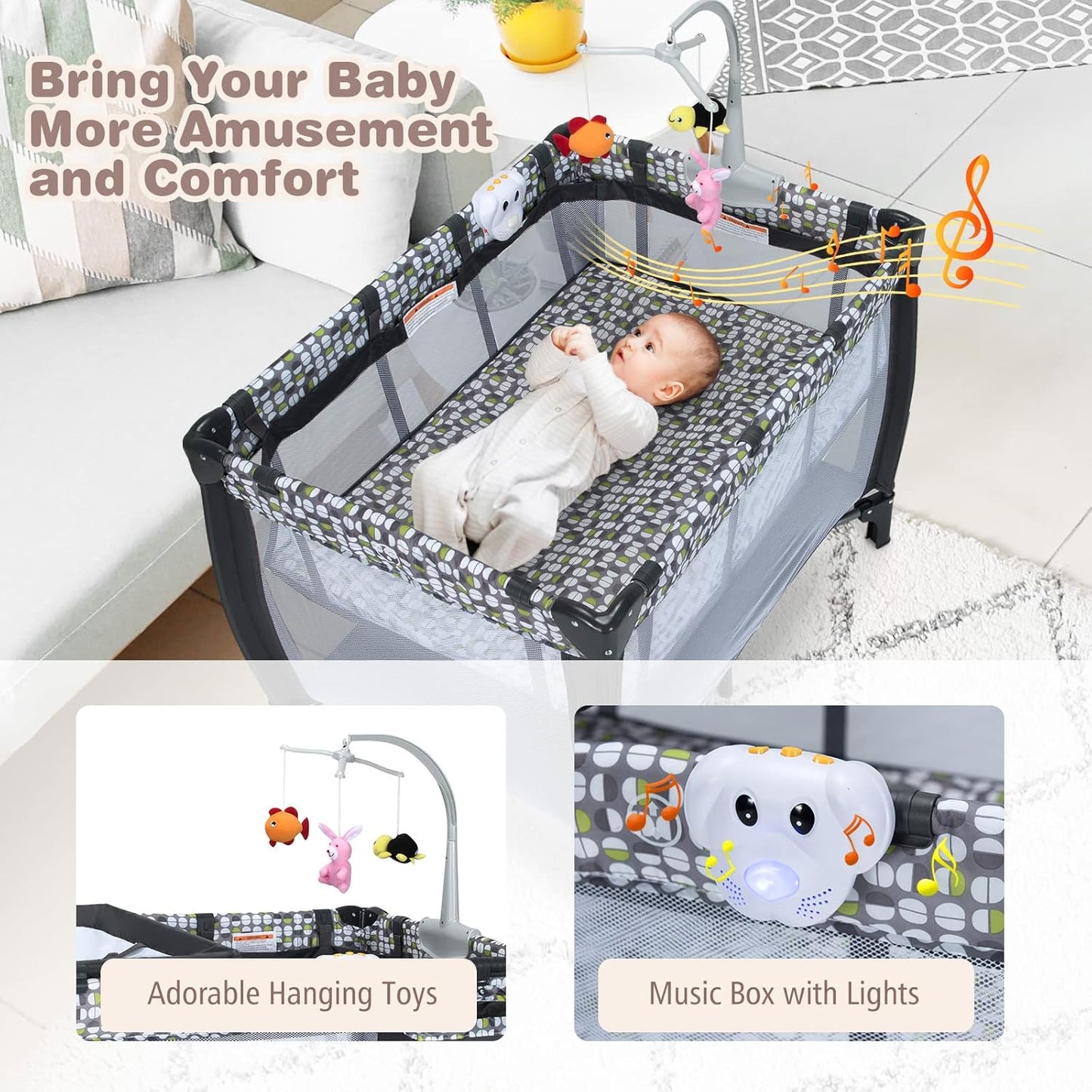 3 in 1 Baby Playard, Convertible Playpen Baby Bassinet w/ Changing Table, Grey