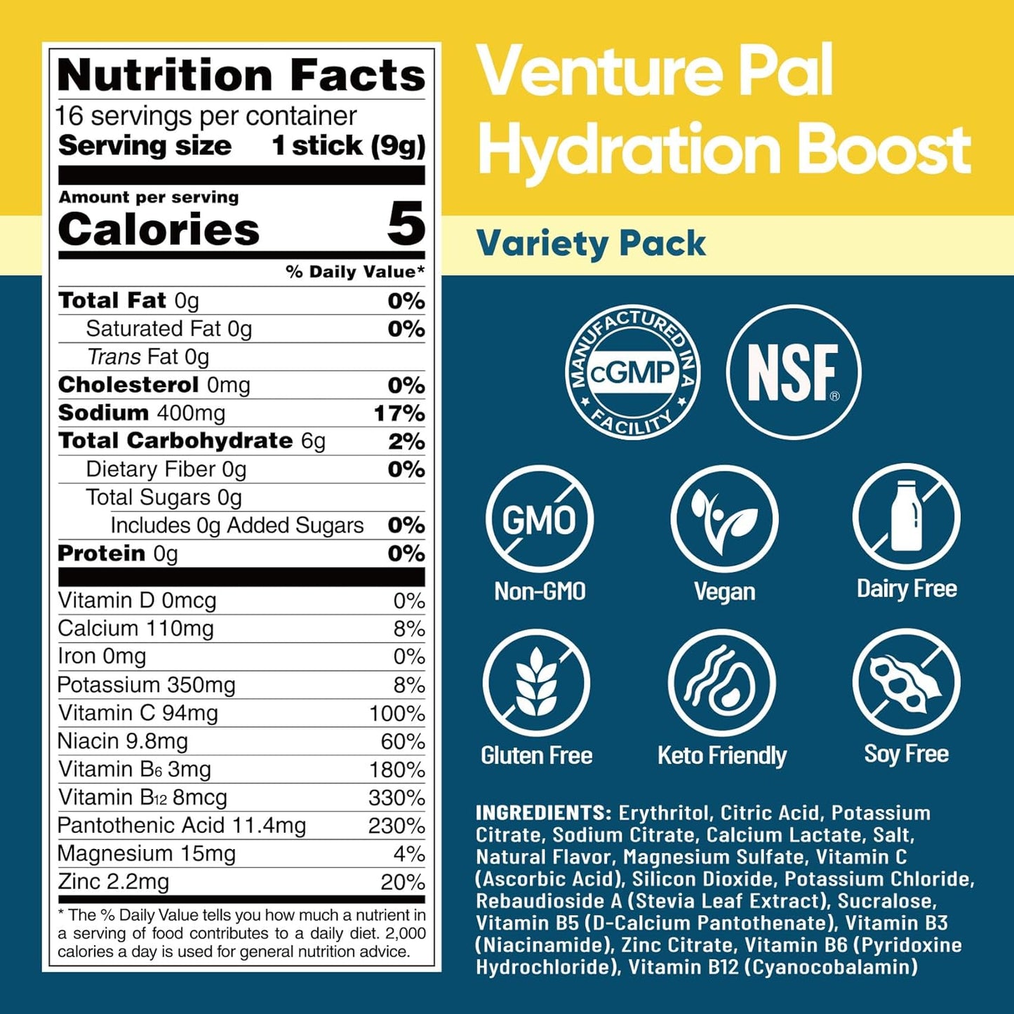 Venture Pal Sugar Free Electrolyte Powder Packets - Liquid Daily IV Hydration Packets for Rapid Rehydration | 7 Electrolytes & 5 Vitamins | Keto Friendly | Non-GMO | Vegan | Fast Dissolve | 16 Sticks