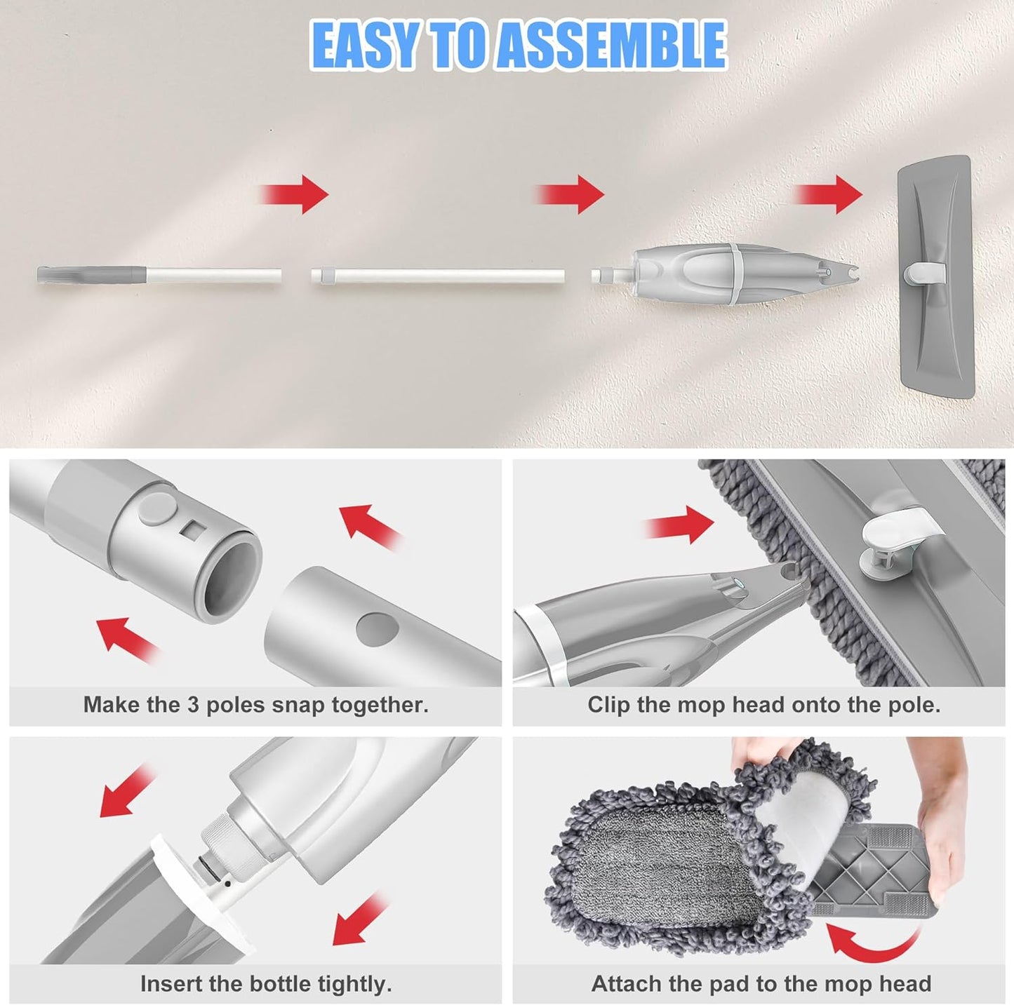 Microfiber Mop Spray Mop for Floor Cleaning - EXEGO Floor Mop Wood Mop Kitchen Mop Dry Wet Mop with 3 Reusable Pads & 640ML Refillable Spray Bottle for Hardwood Floor Ceramic Tiles Floor Cleaning