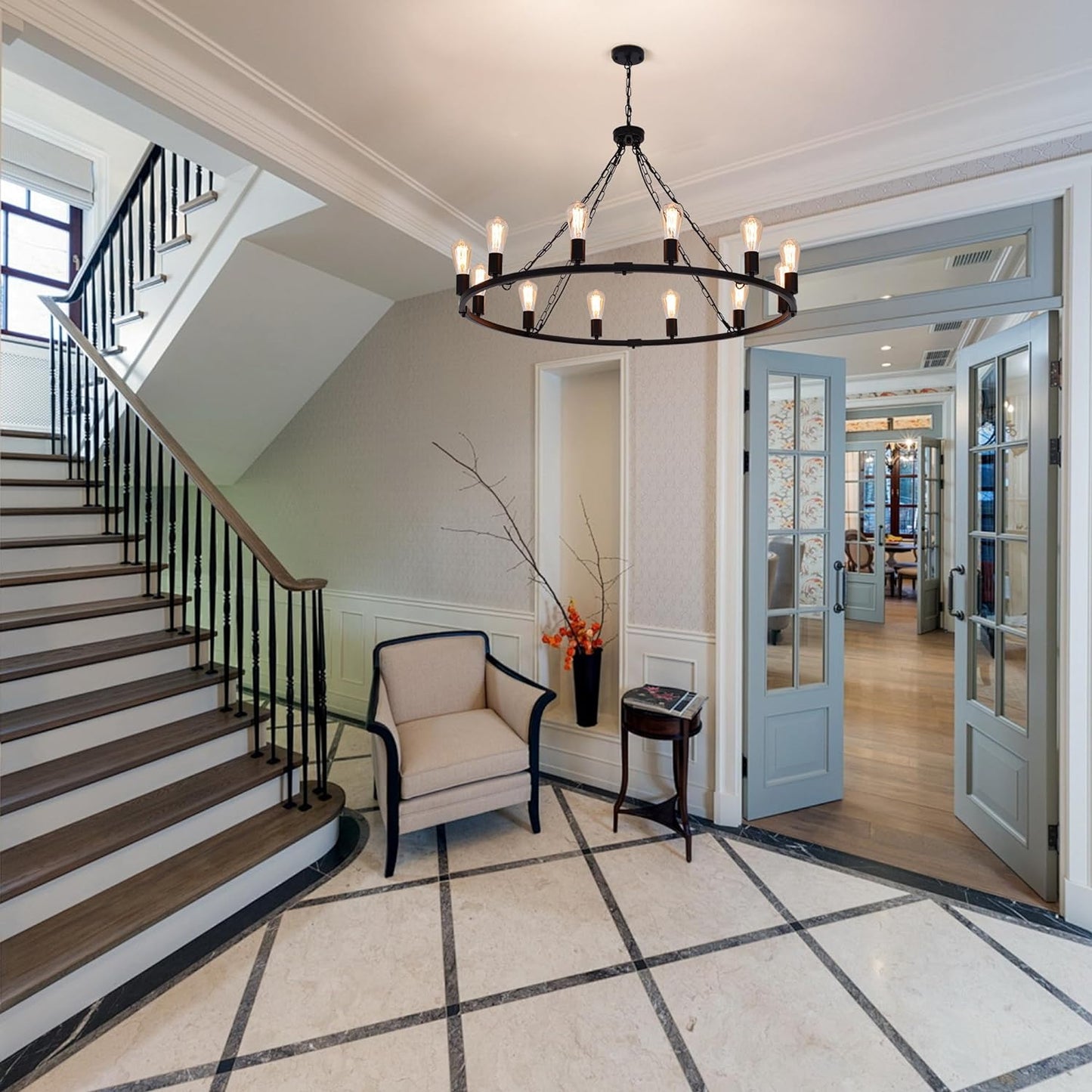 Jaycomey Pendant Light Modern Farmhouse Chandelier Ceiling Lights Rustic Metal Wagon Wheel Lighting Black Hanging Lamp Fixture for Dining Room Kitchen Living Room Foryer 12 Lights