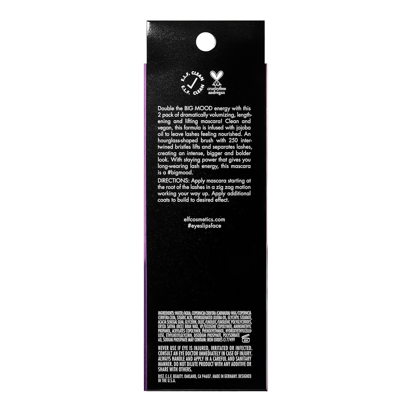 e.l.f. Big Mood Mascara, Instantly Creates Long-Lasting, Bold & Lifted, Voluminous Lashes, Infused with Jojoba Wax, Black, 0.30 fl Oz (2-Pack)