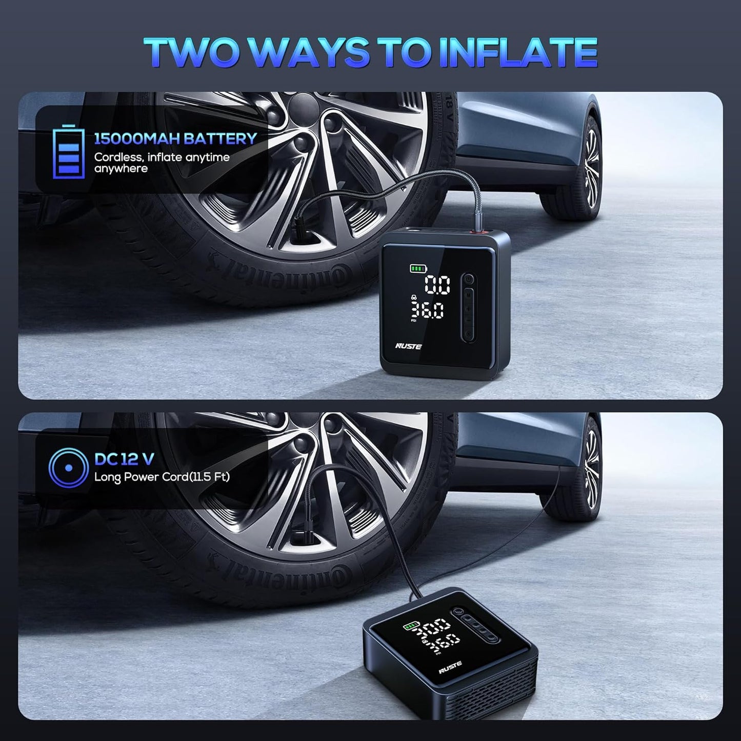 NUSTE Tire Inflator Portable Air Compressor, 3X Fast Cordless Air Pump 15000mAh Rechargeable Battery & 12V DC Dual Power Electric Tire Pump, 150PSI