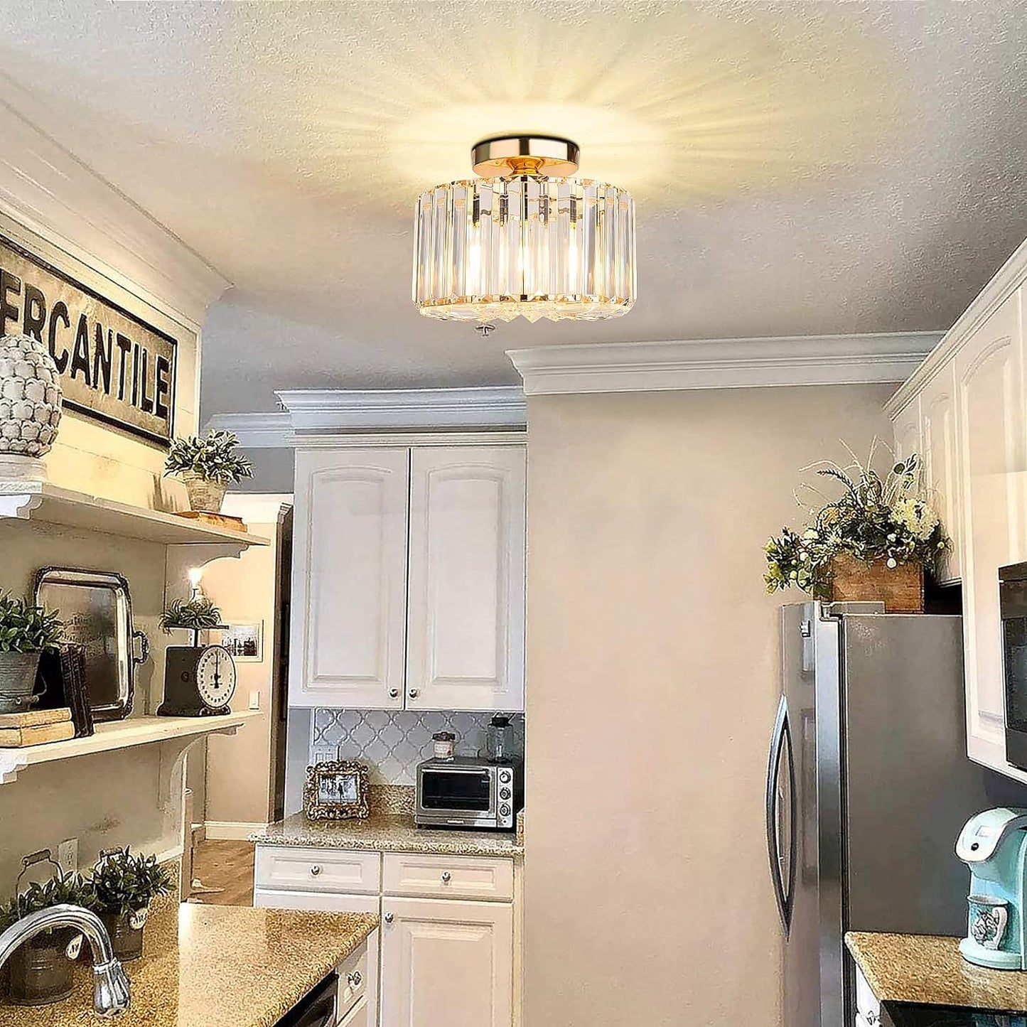 FRIDEKO HOME Modern Crystal Ceiling Light - Vintage K9 Crystal Chandelier Metal Cages Lampshade Metal E27 Socket Pendant Light Ceiling Lamp for Kitchen Living Room Bedroom Gold Diameter 22 cm