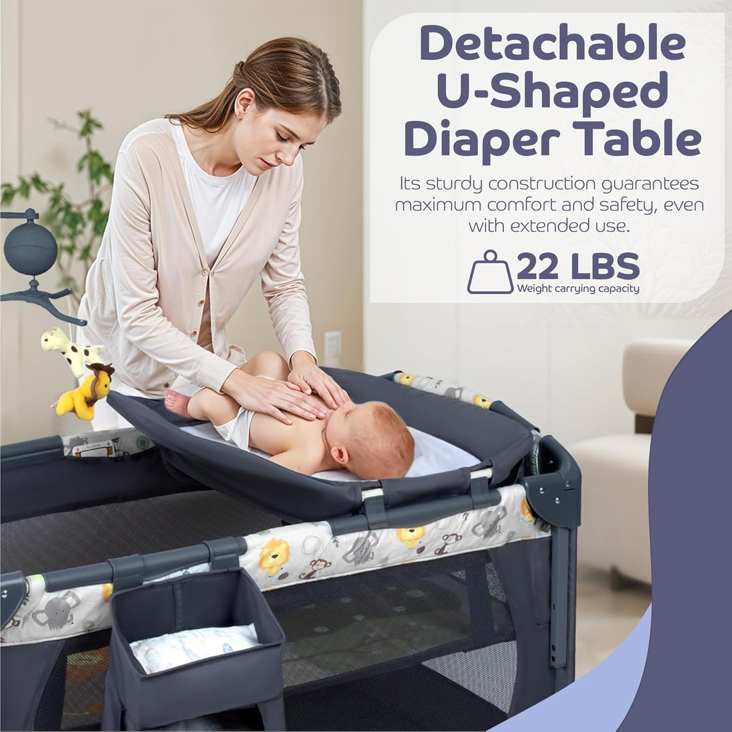 4 in 1 Baby Bassinet with Mattress, Portable Changing Table with Carry Bag & Detachable Side Bar & Music Box, Baby Bedside Sleeper Cot & Activity Area with Hanging Toys & 3 Adjustable Height