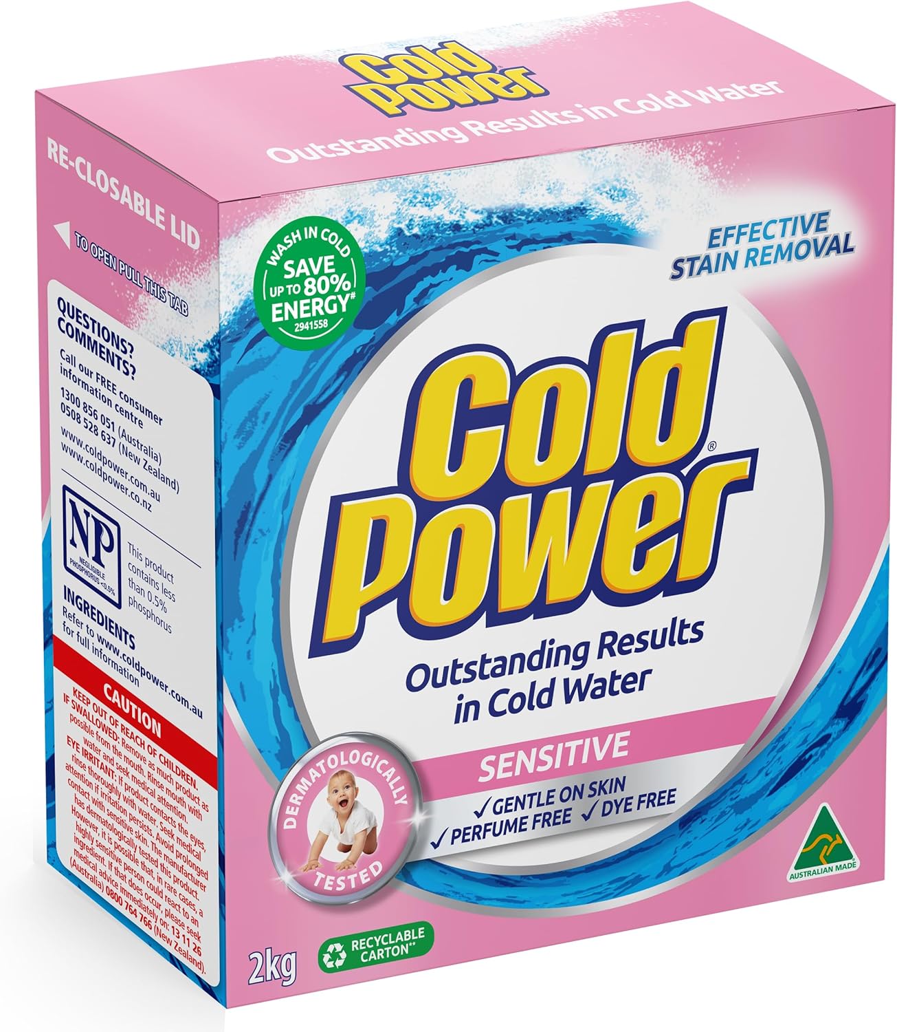 Cold Power Washing Powder Sensitive 2kg, Sensitive Laundry Detergent for Effective Stain Removal and Outstanding Results in Cold Water, No Enzyme and Dye and Perfume-Free Laundry Liquid
