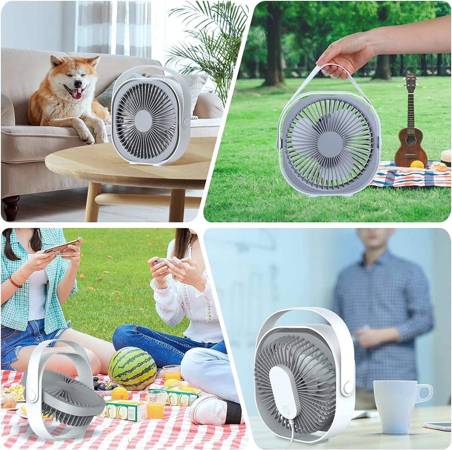 WD&CD 6 Inch USB Desk Fan, 4000mAh Handheld Fan Rechargeable Portable Fan wit handle, 3 speeds Wind, Quiet Fan, 360° Adjustable Swivel -White