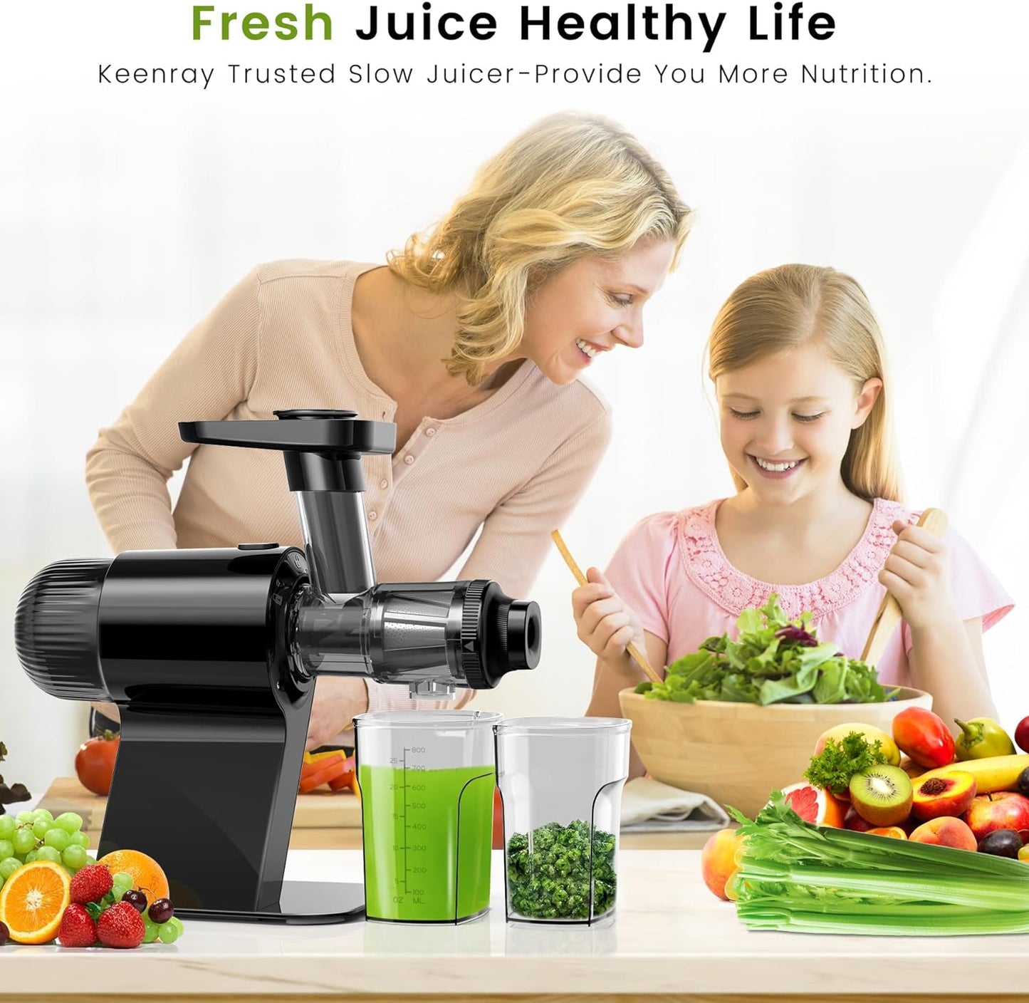 Keenray Cold Press Juicer, Masticating Juicer Machines, Celery Juicer with Quiet Motor Reverse Function, High Juice Yield Slow Juice Extractor for Vegetable and Fruit, Black, EL20