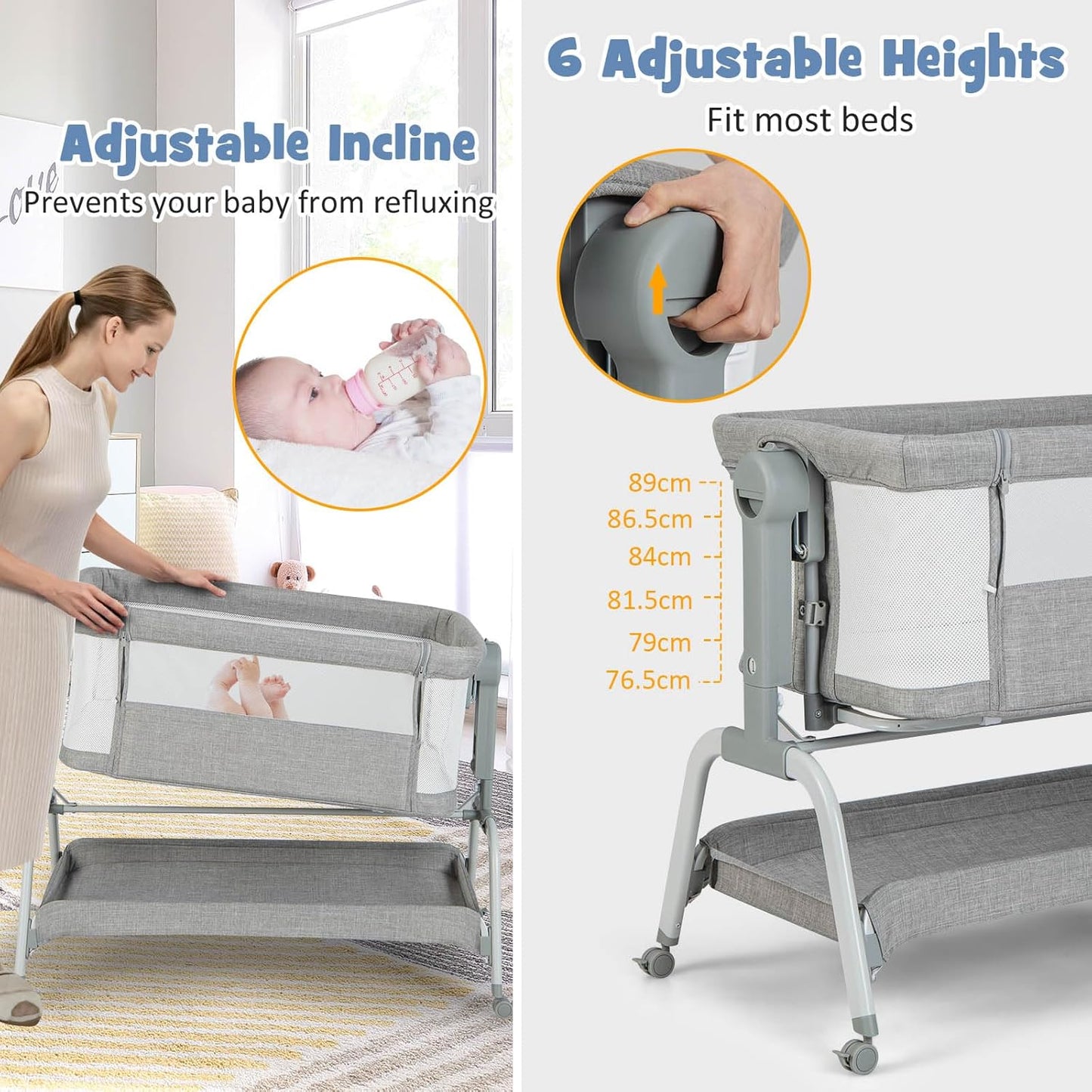 BABY JOY 4 in 1 Baby Bassinet with Mattress, 6 Adjustable Height, Mosquito Net & Lockable Wheels(Light Grey)