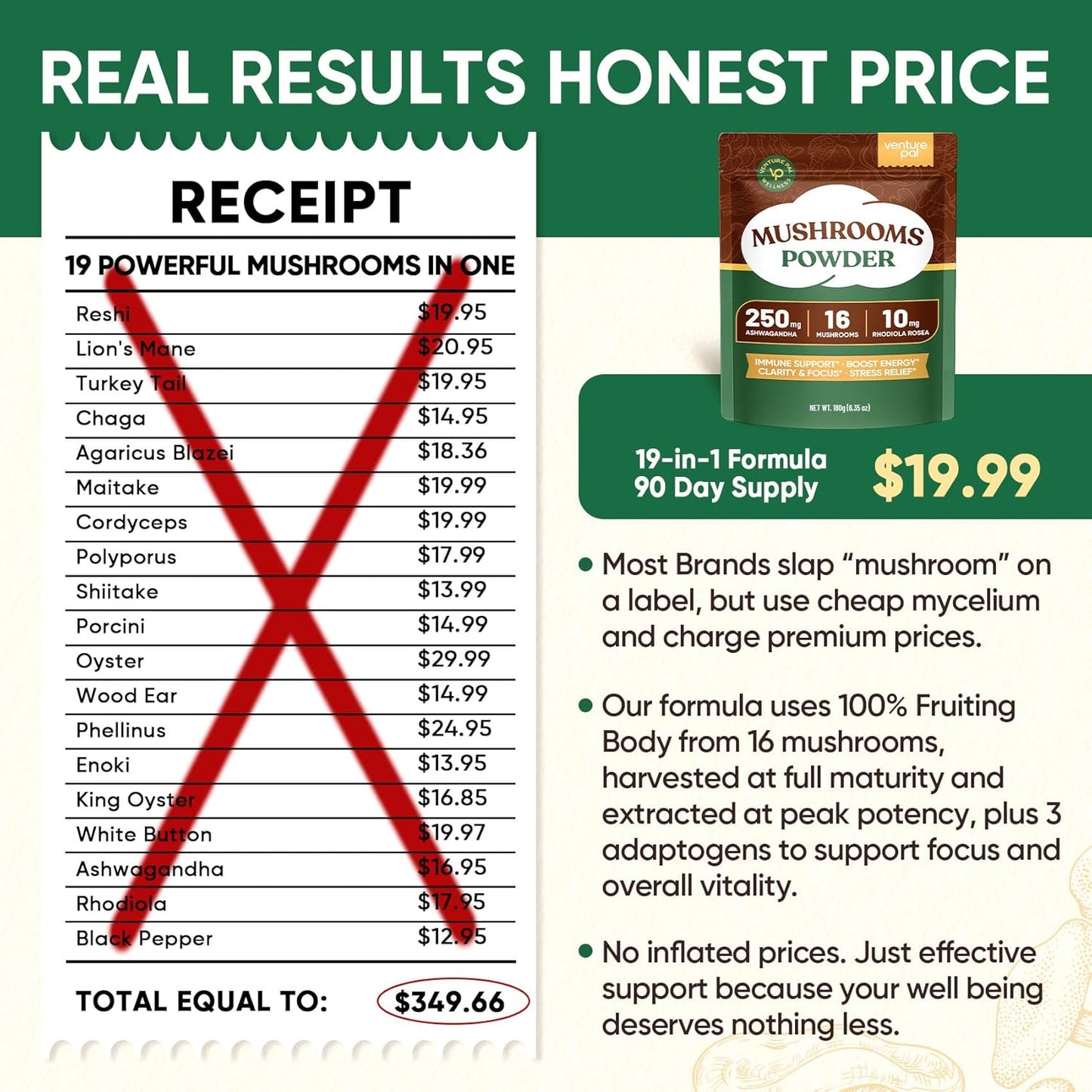 Venture Pal 16 in 1 Mushroom Powder (90 Servings) - 1,557,000mg Mushroom Coffee