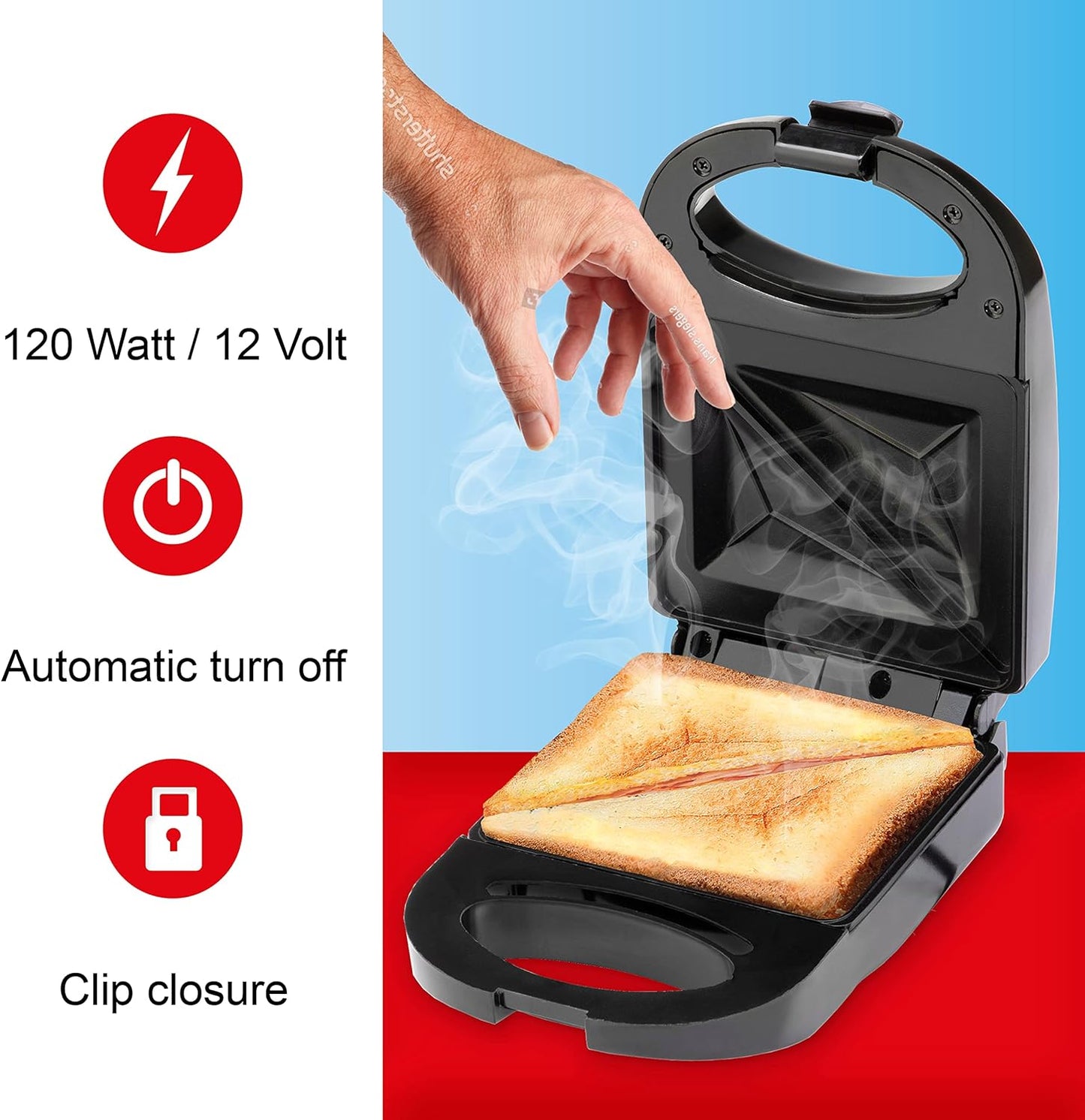 All Ride Sandwich Maker 12 V Sandwich Maker 12 V for Travel Indicator Lights Clip Lock Black
