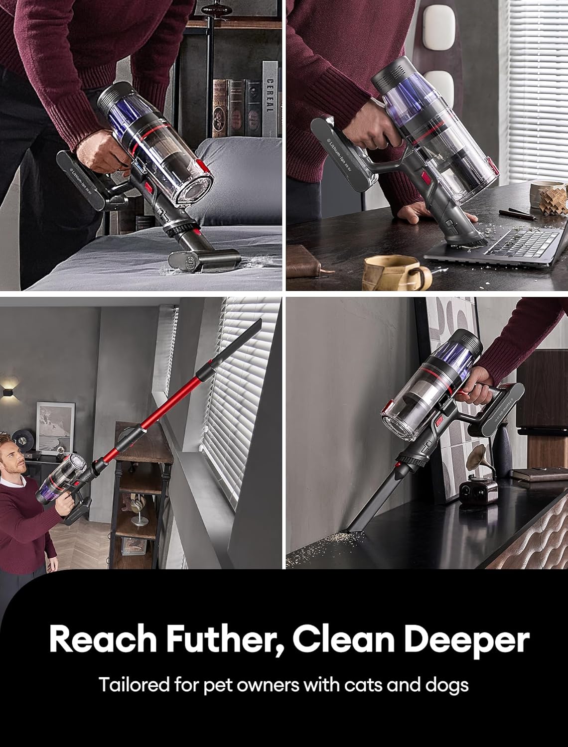 Ultenic Cordless Vacuum Cleaner, 550W/45Kpa Powerful Suction with Bendable Wand, Anti-Tangle Brush, 60Mins Runtime, LED Display, Stick Vacuum Cleaner for Hard Floor/Carpet/Pet Hair, U16 Flex