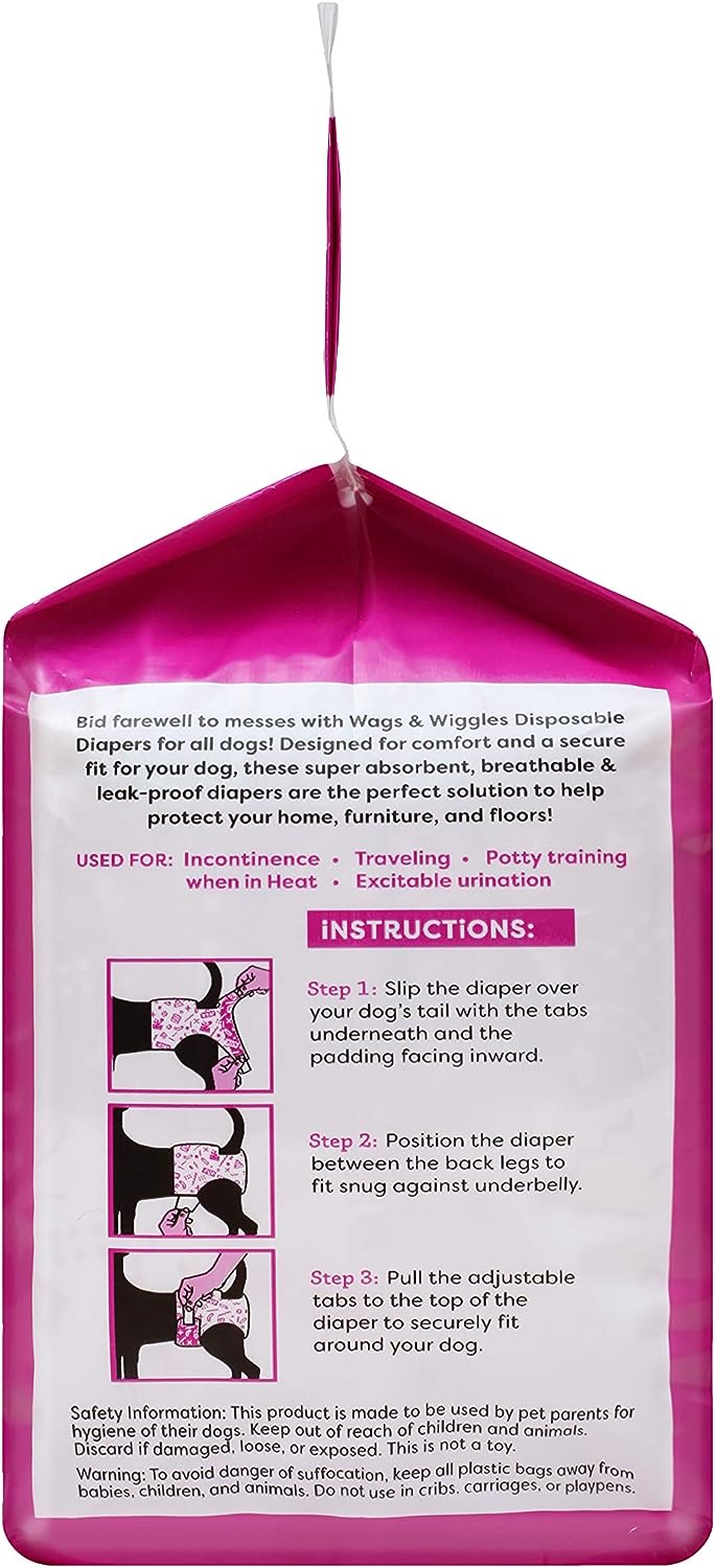 Wags & Wiggles Female Dog Diapers | Doggie Diapers for Female Dogs | Small Dog Diapers, 15"-19" Waist - 12 Pack | Disposable Dog Diapers for Female Dogs