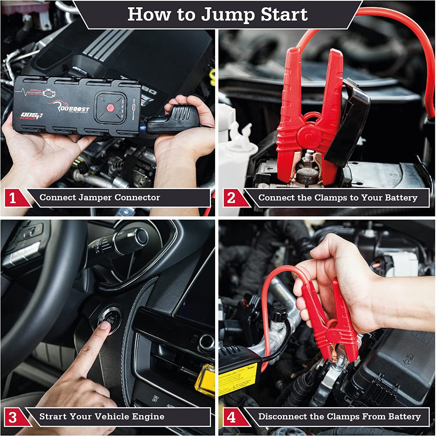 Car Jump Starter 2000A Peak Extreme Safe (Up to 10L Gas or 8L Diesel)