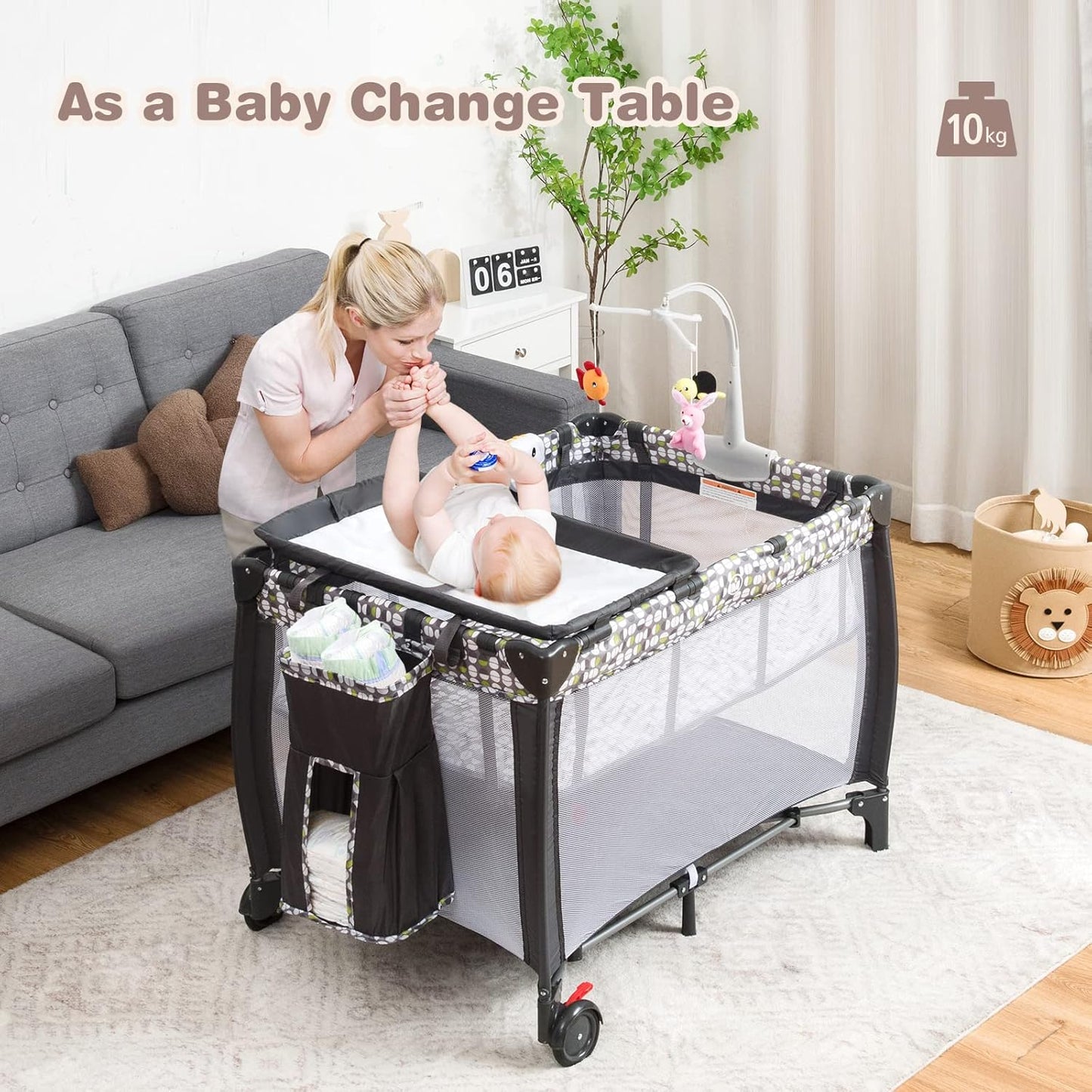 3 in 1 Baby Playard, Convertible Playpen Baby Bassinet w/ Changing Table, Grey