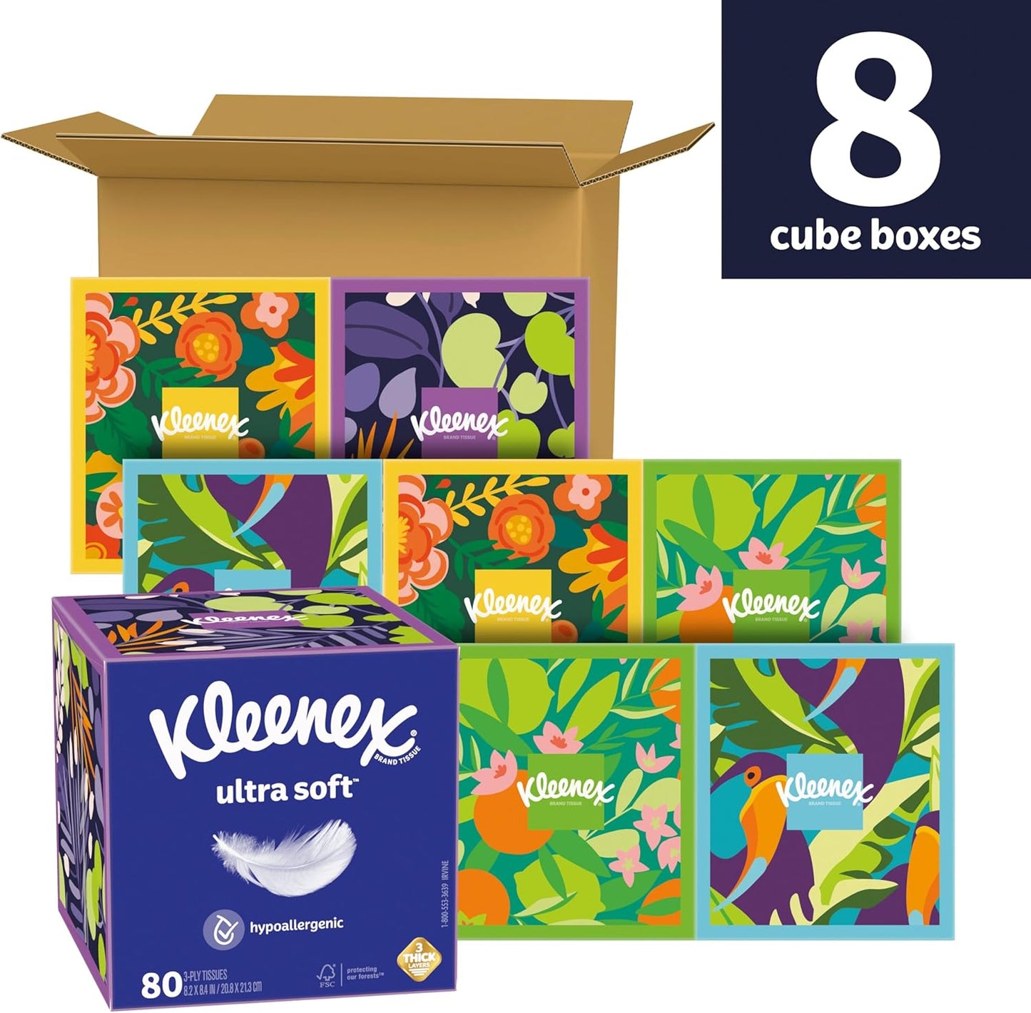 Kleenex Ultra Soft Facial Tissues, 8 Cube Boxes, 80 Tissues per Box, 3-Ply