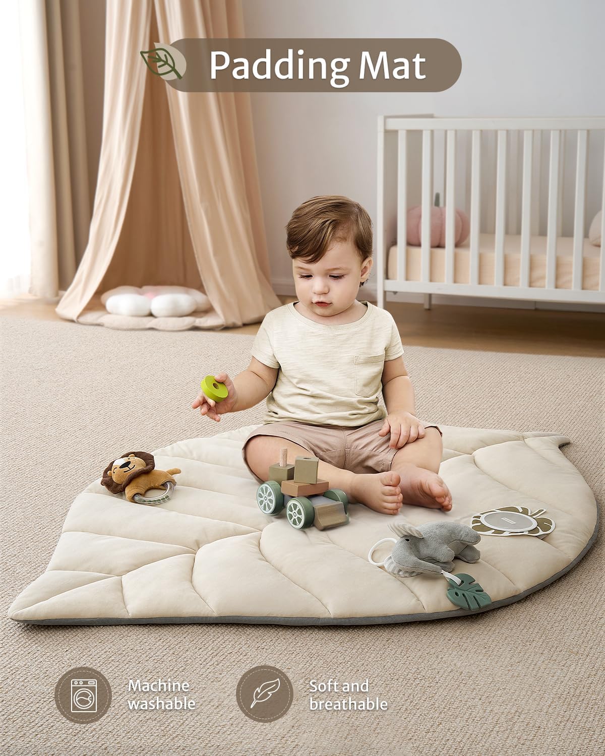 Baby Glide Baby Play Gym & Activity Mat, Leaf Shaped Baby Tummy Time Play Mat with 6 Detachable Toys