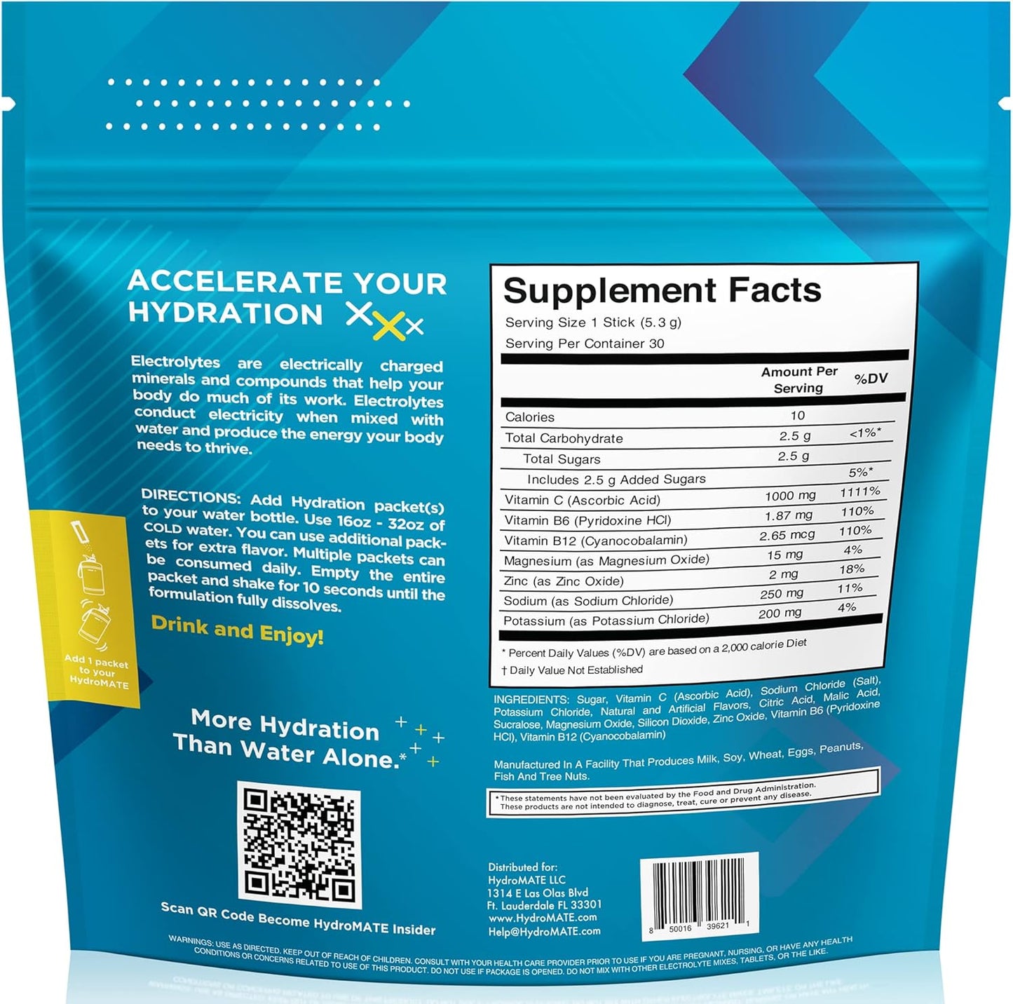HydroMATE Electrolytes Powder Packets Lemon Low Sugar Hydration Accelerator Electrolyte Drink Mix Party Favors for Fast Liquid Dehydration Relief with Vitamin C 30 Count