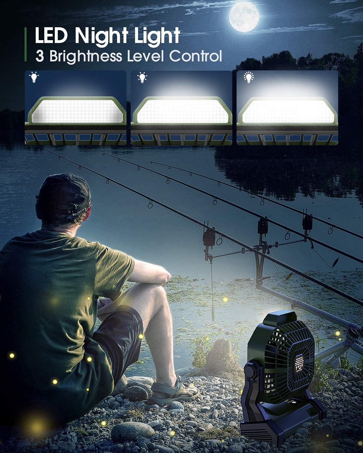 Outdoor Camping Fan with Lantern and Hook,Camping Fan Rechargeable, 7800mAh Battery Operated Powered Fan