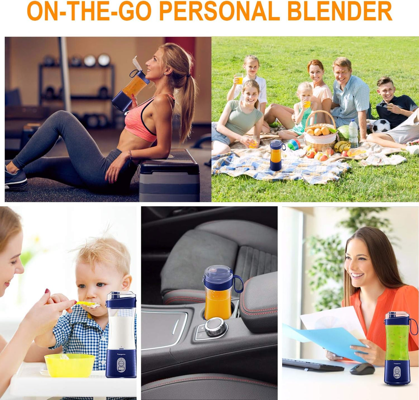Portable Blender, Vaeqozva USB Rechargeable Smoothie on the Go Blender Cup with Straws, Protein Shakes Fruit Mini Mixer for Home, Sport, Office, Camping - Navy Blue