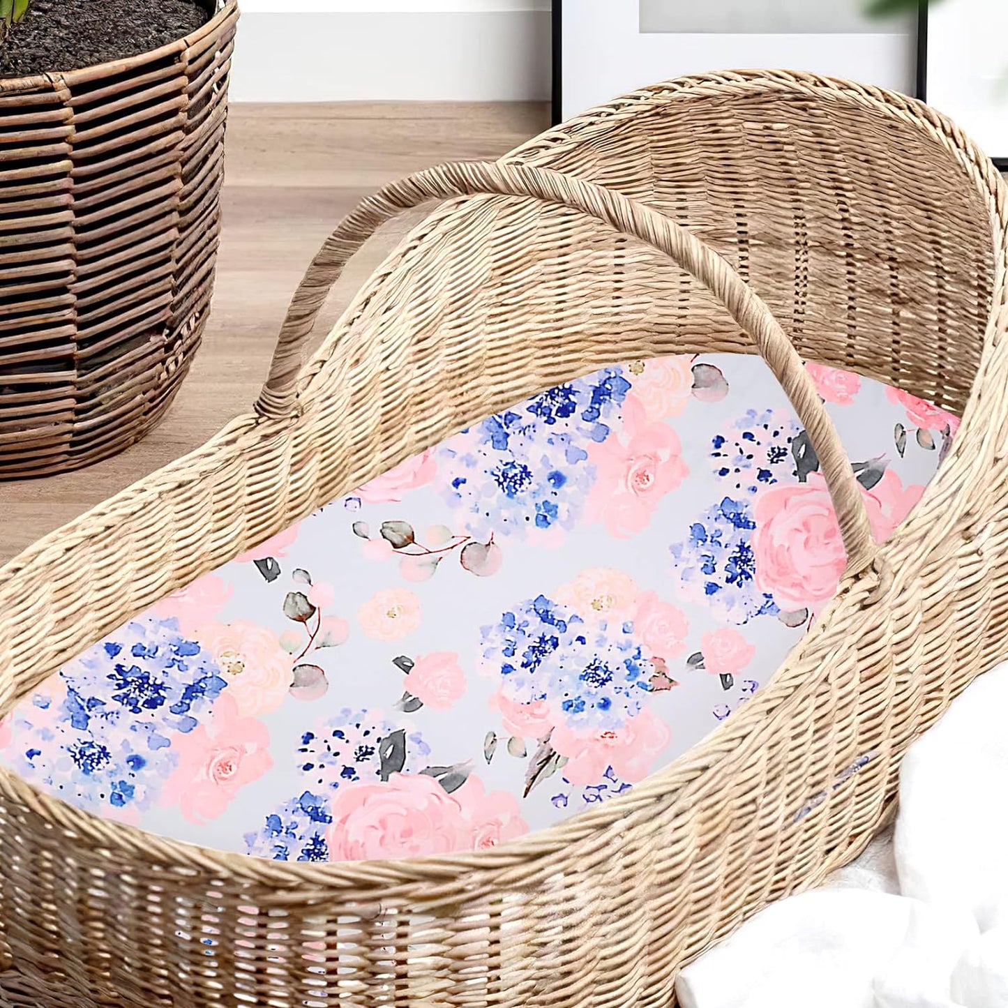 Bassinet Sheets Set for Baby Girl, Stretchy Fitted Newborn Bassinet Sheet, Universal for Oval Rectangle, and Hourglass Bassinet Mattress, Blue and Pink.