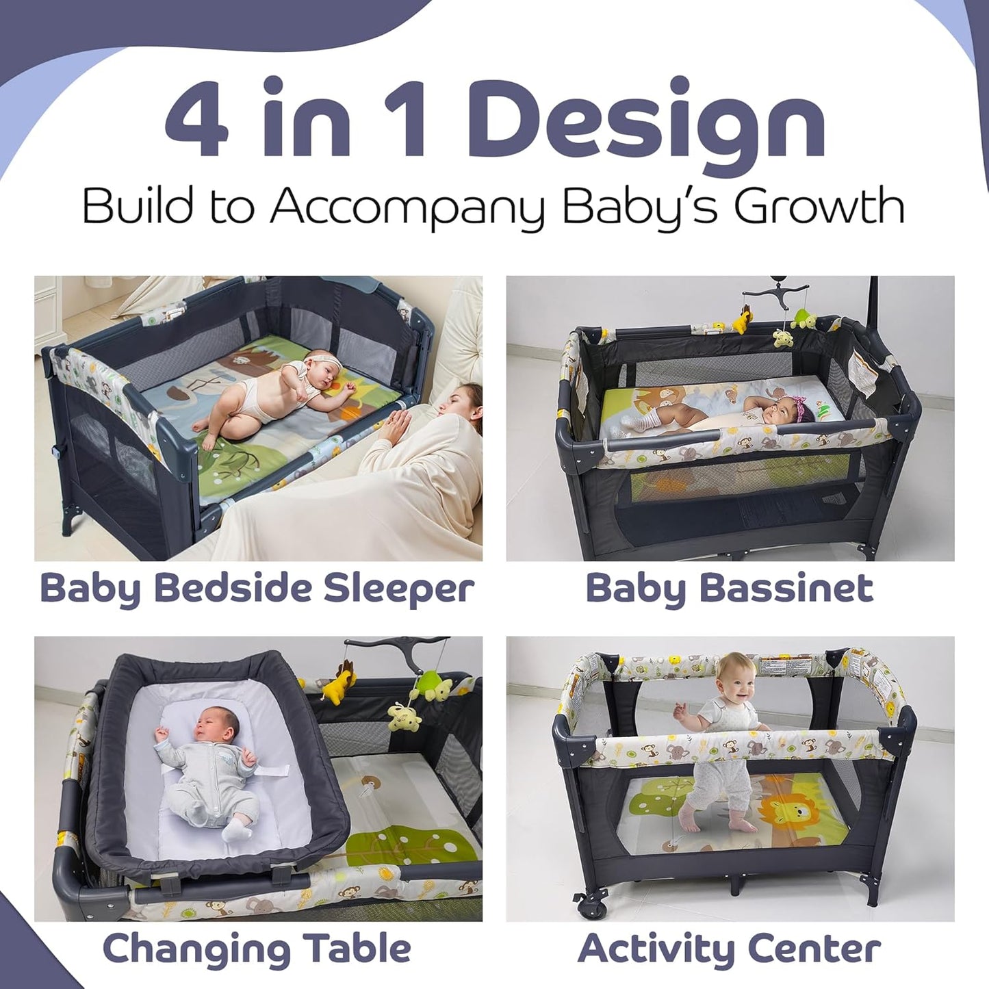4 in 1 Baby Bassinet with Mattress, Portable Changing Table with Carry Bag & Detachable Side Bar & Music Box, Baby Bedside Sleeper Cot & Activity Area with Hanging Toys & 3 Adjustable Height