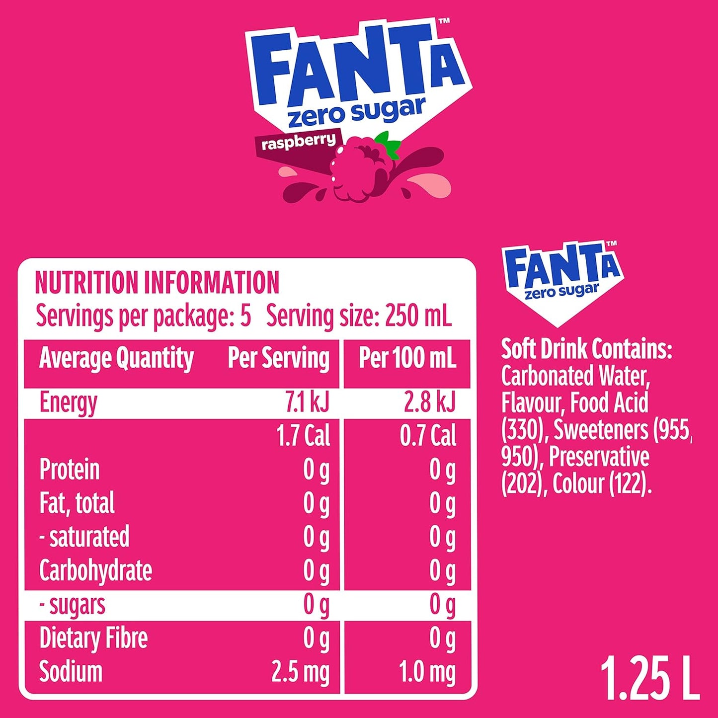 Fanta Raspberry Zero Sugar Soft Drink Multipack Bottles 12 x 1.25L