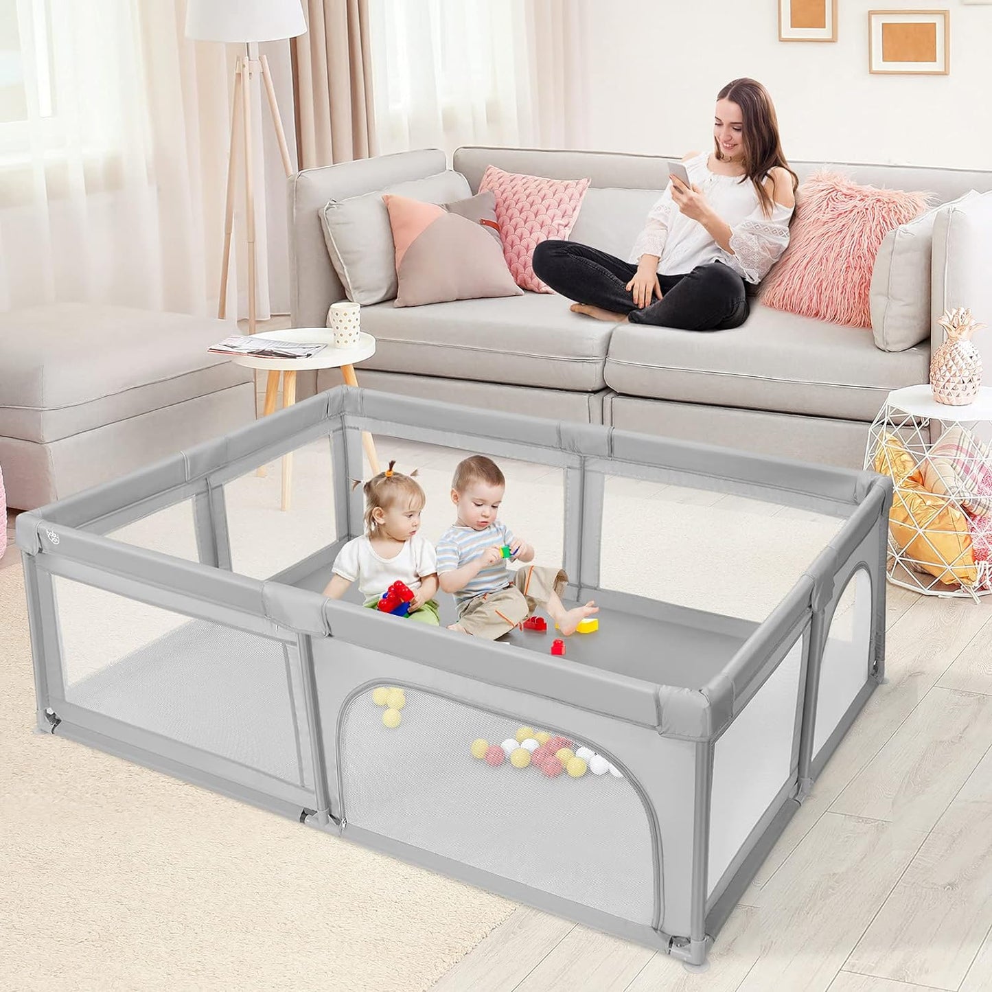 BABY JOY Baby Playpen, 205 x 147 cm Extra-Large Play Yard with 50 Ocean Balls & Carrying Bag, Portable Baby Play Activity Center, Indoor Outdoor Playpen...