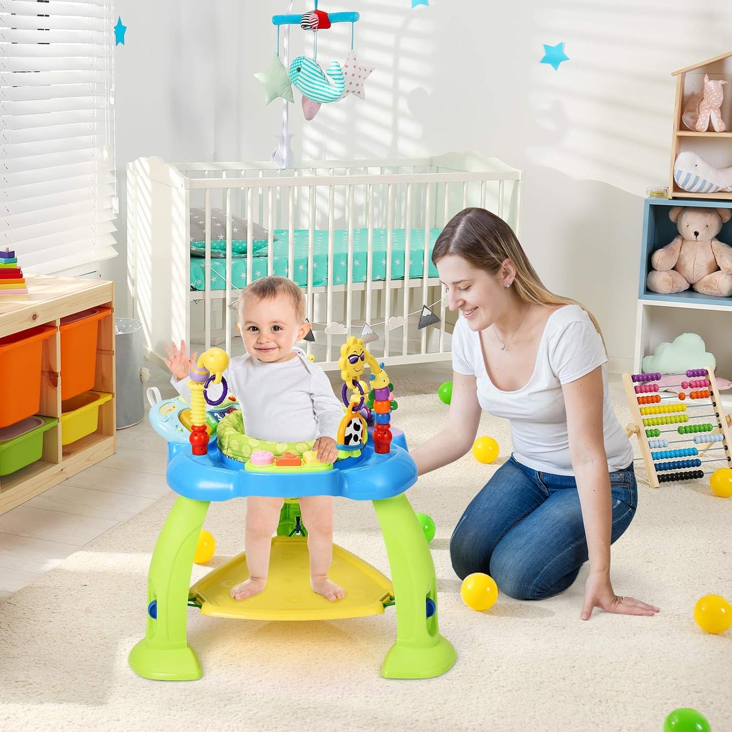 BABY JOY 2-in 1 Infant Activity Center, Baby Jumper w/360-Degree Rotating Seat, 3 Adjustable Height, Lights, Music, Piano, Toys, Sit-to-Stand Interactive Station for 6-36 Months