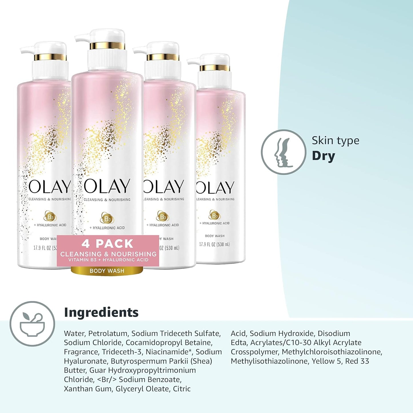Olay Body Wash Women Cleansing & Nourishing with Hyaluronic Acid & Vitamin B3, 20 fl oz (Pack of 4)
