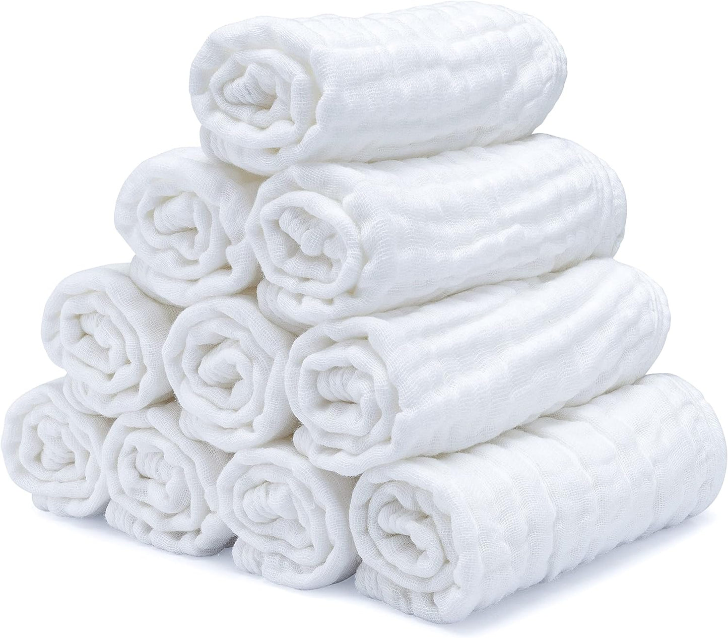 Baby Washcloths, Muslin Cotton Baby Towels, Large 10”x10” Wash Cloths Soft on Sensitive Skin (White, Pack of 10)