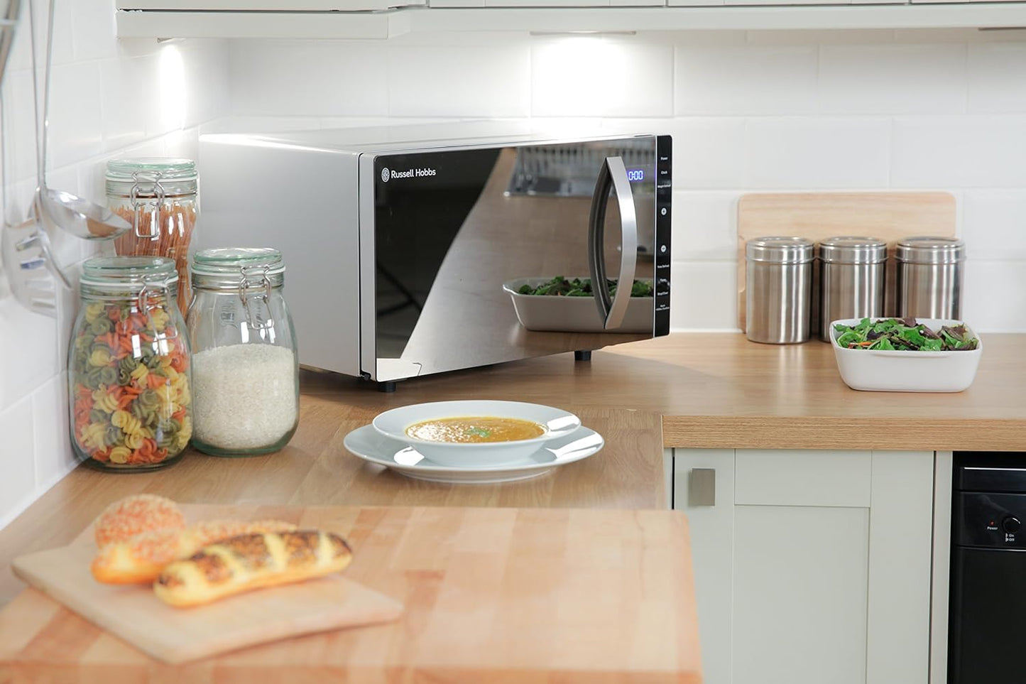 Russell Hobbs RHFM2363S 23 L 800 W Silver Digital Flatbed Solo Microwave with 5 Power Levels, 8 Auto Cook Menus, Easy Clean, Clock and Timer, Automatic Defrost