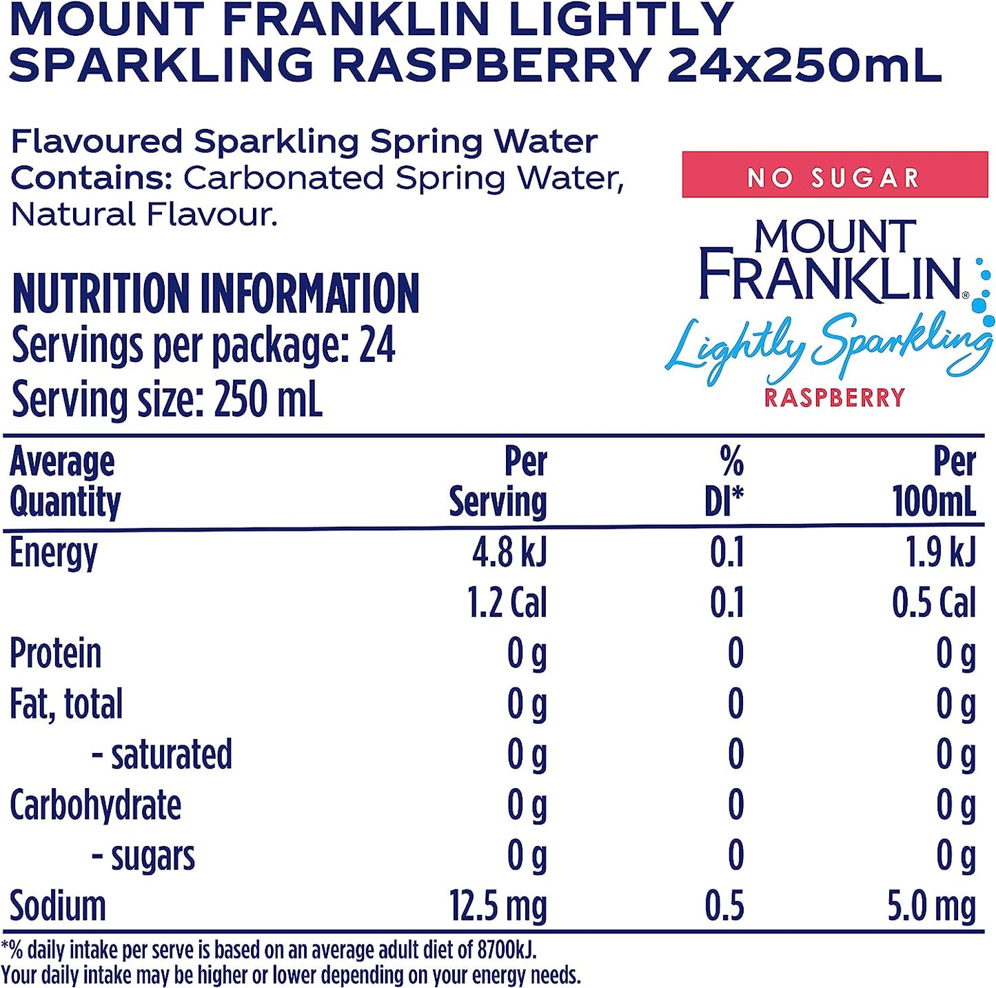 Mount Franklin Lightly Sparkling Water Raspberry Multipack Mini Cans 24 x 250mL