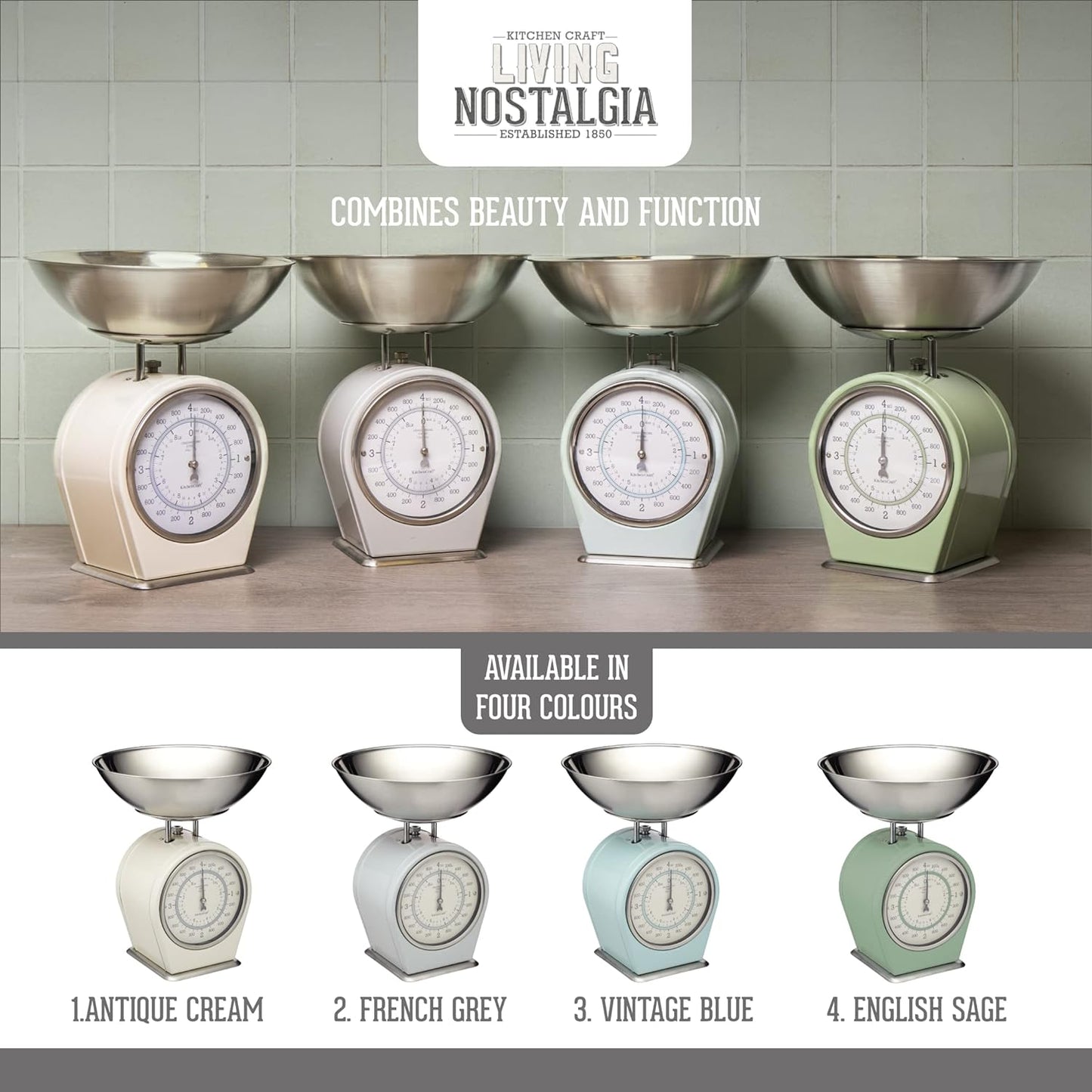 KitchenCraft Living Nostalgia Mechanical Kitchen Scales, 4 kg (8 lbs) - English Sage