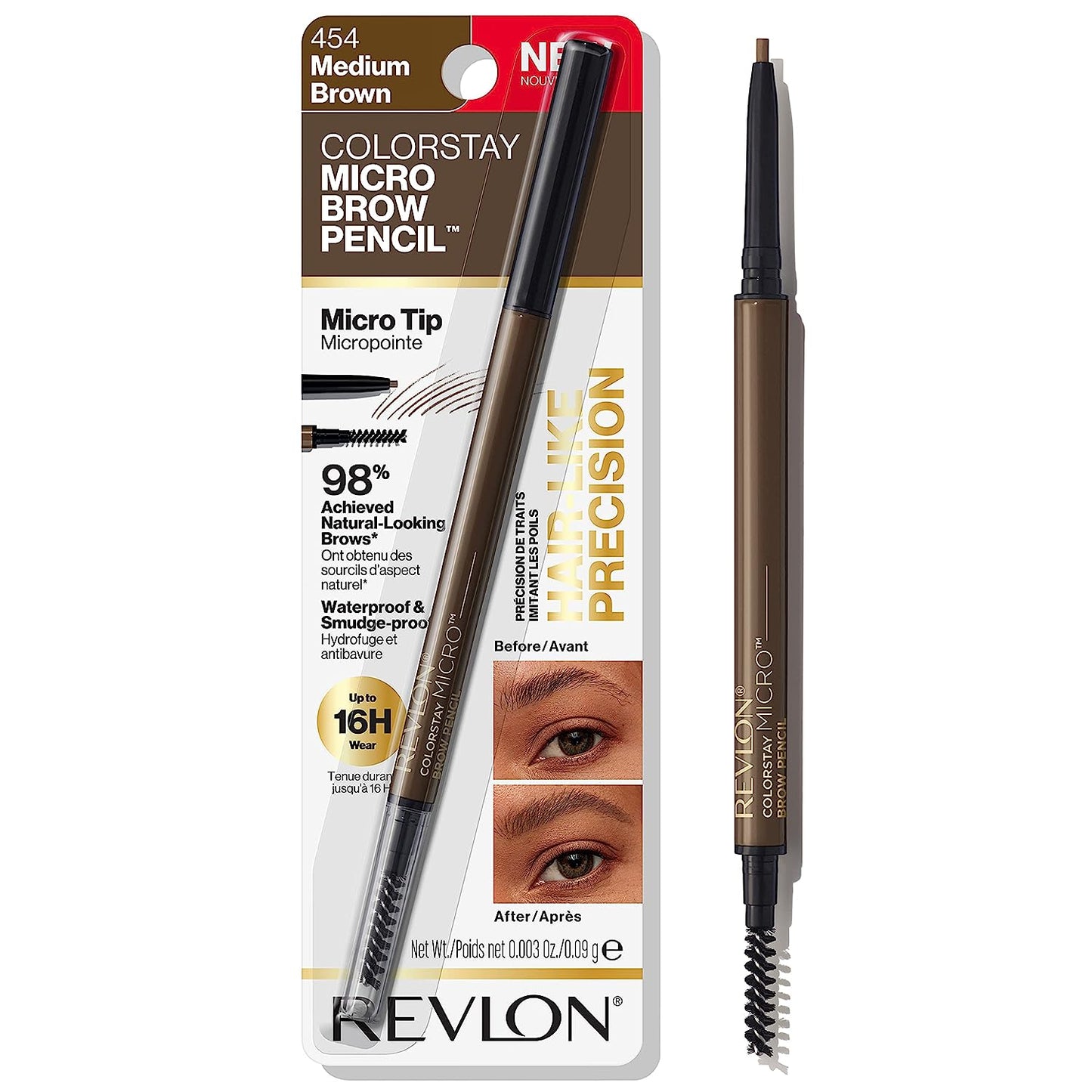 ColorStay Micro Eyebrow Pencil with Built In Spoolie Brush, Infused with Argan and Marula Oil, Waterproof, Smudgeproof, 454 Medium Brown