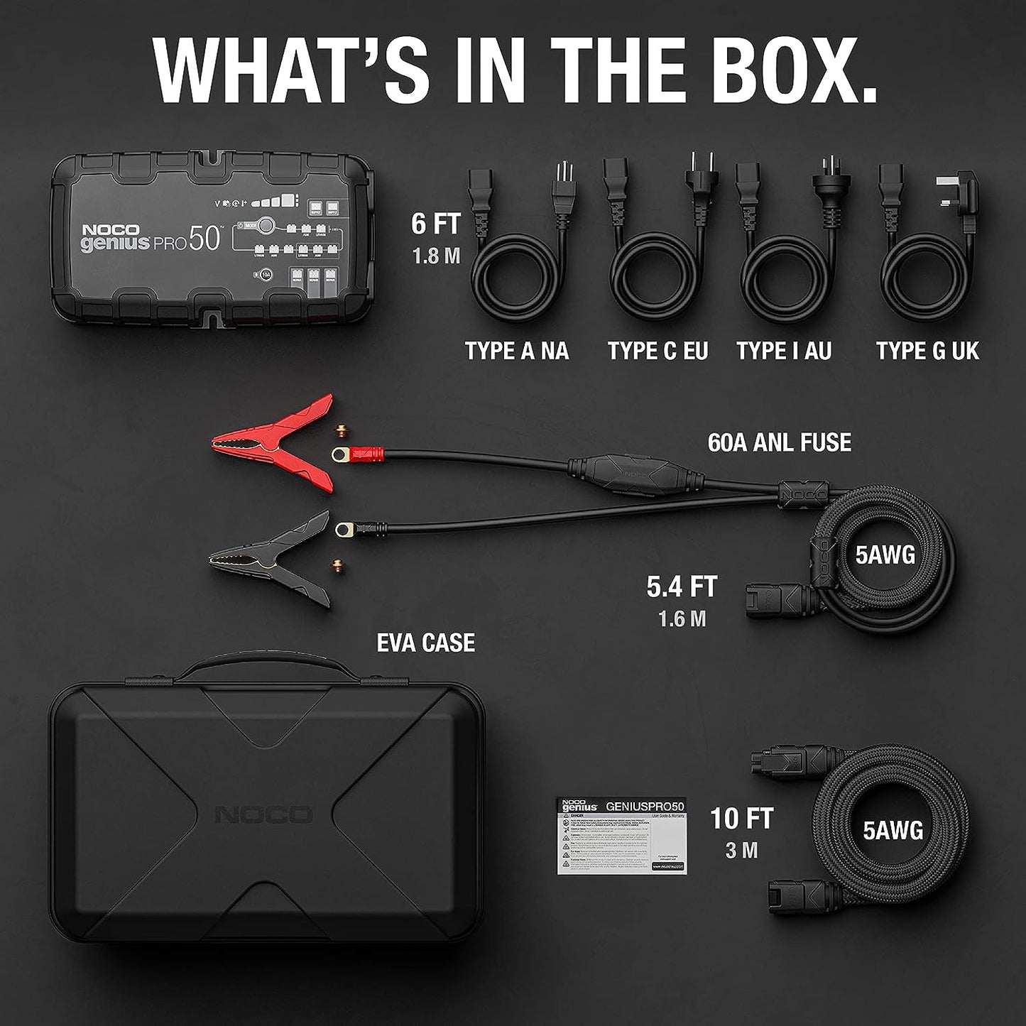 50A Smart Car Battery Charger, 6V, 12V and 24V Portable Automotive Charger, Battery Maintainer, Trickle Charger and Desulfator for AGM, Lithium, Marine, Boat and Deep Cycle Batteries