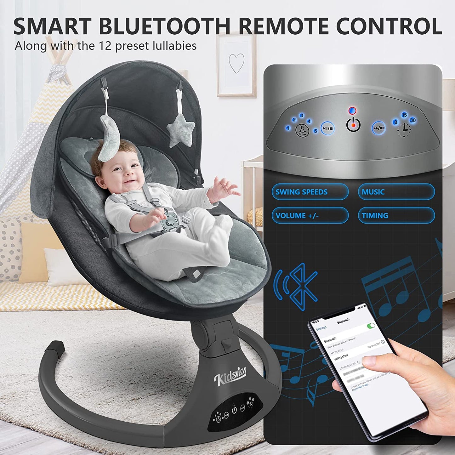 Electric Baby Swing for Infants,5-Speed Baby Swing with 12 Preset Lullabies