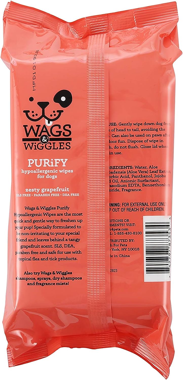 Wags & Wiggles Purify Hypoallergenic Wipes for Dogs | Gently Clean & Condition Your Dog's Coat Without A Bath | Zesty Grapefruit Scent Your Dog Will Love, 100 Count