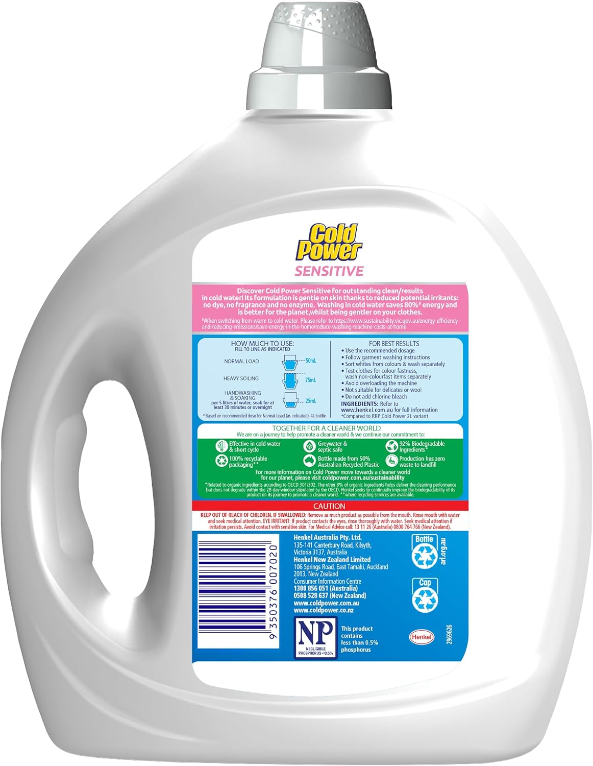 Cold Power Laundry Liquid Sensitive 4L (80 washes), Sensitive Laundry Detergent for Effective Stain Removal and Outstanding Results in Cold Water, No Enzyme and Dye and Perfume-Free Laundry Liquid