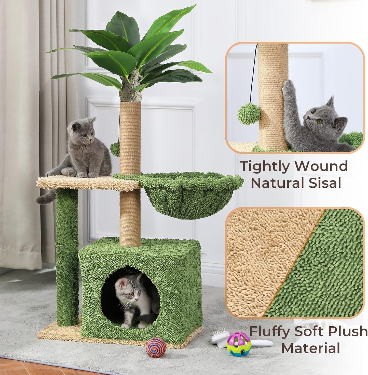 MSmask Cat Tree with Square Condo, Artificial Palm Tree Cat Tower with Sisal Scratching Post, Hammock, Plush Platform, Climbing Nature Cat Tree for Indoor Cats